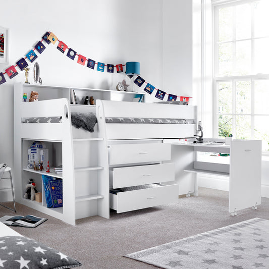 White Mid Sleeper Bed with Desk - 3ft Single | Ersa