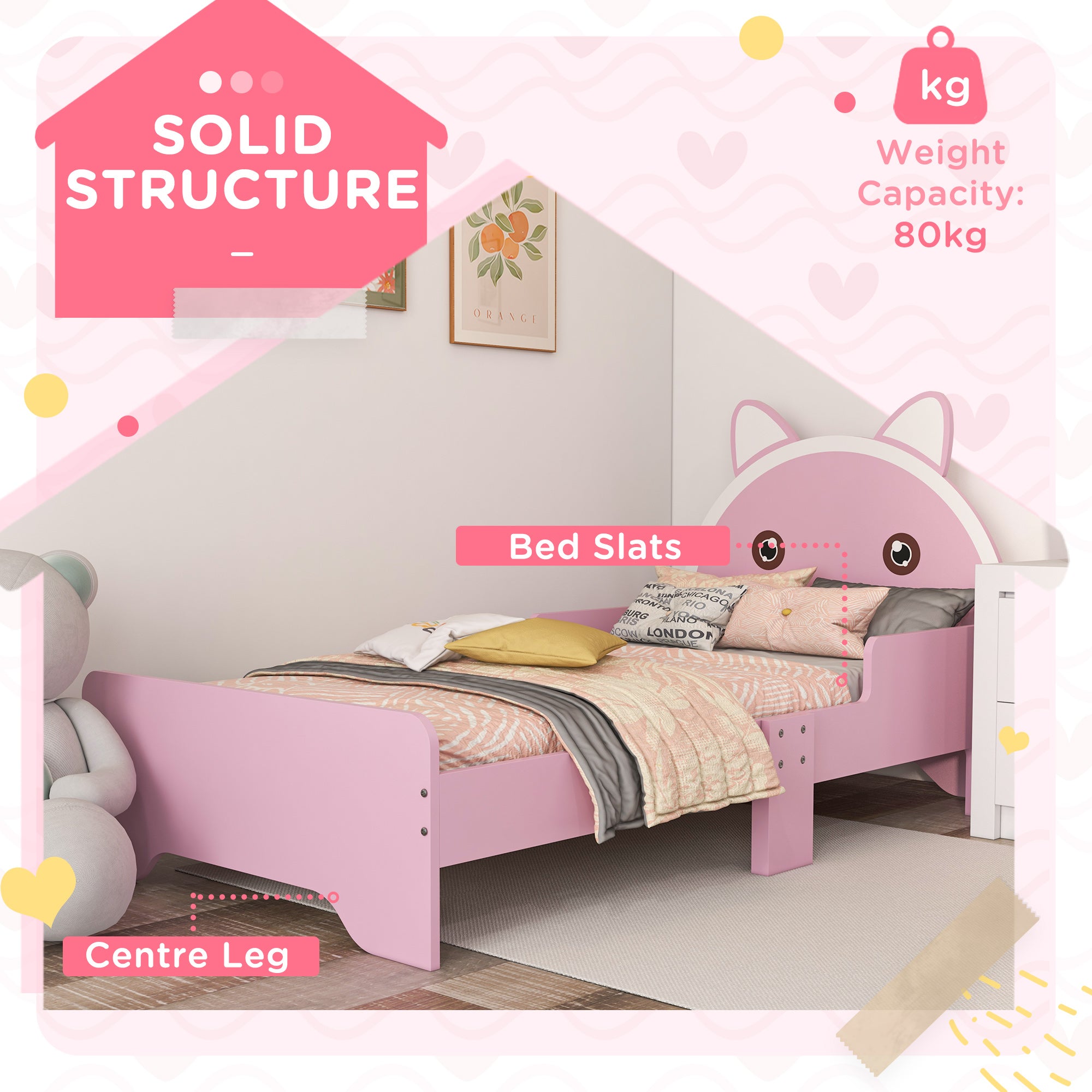 Low Kids Bed Frame with Pink Cat Headboard
