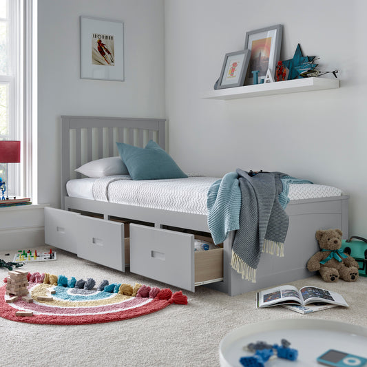 Kids Grey Wooden Storage Bed with Drawers - 3ft Single | Quest