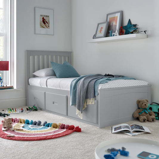 Kids Grey Wooden Storage Bed with Drawers - 3ft Single | Quest