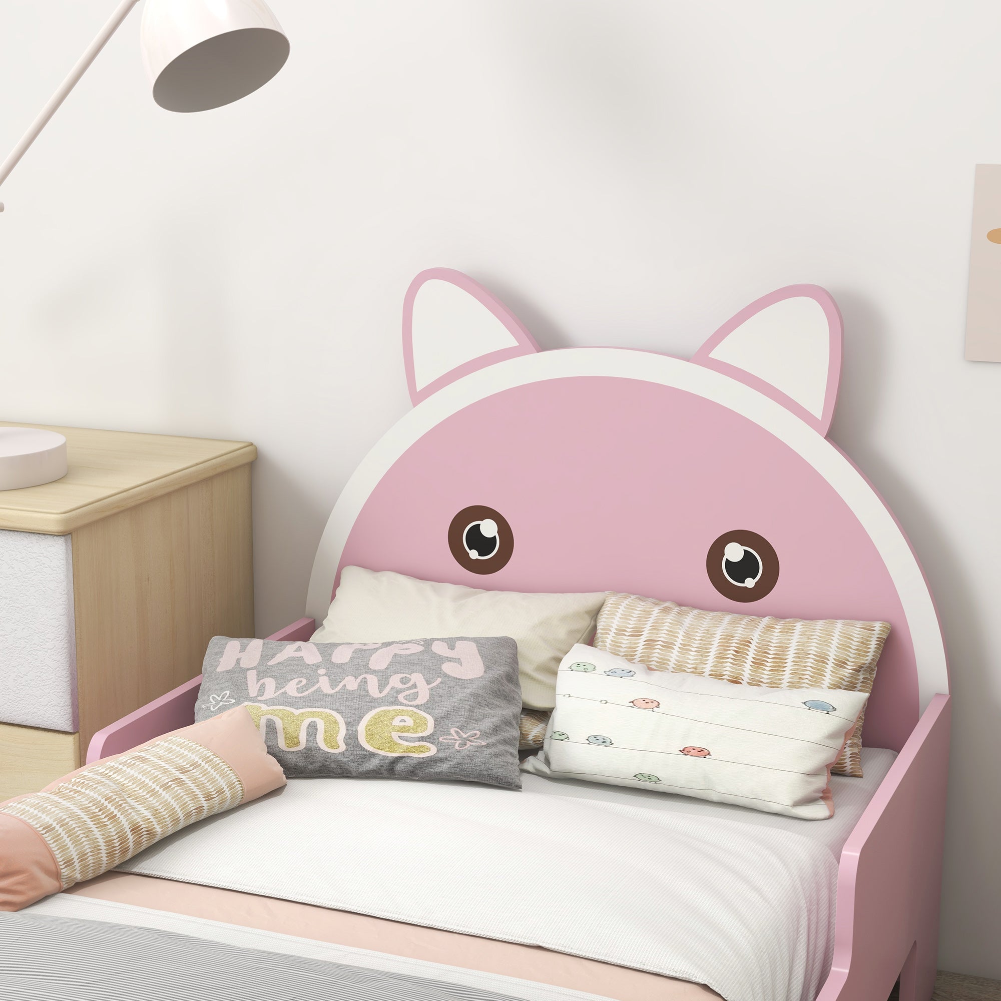 Low Kids Bed Frame with Pink Cat Headboard