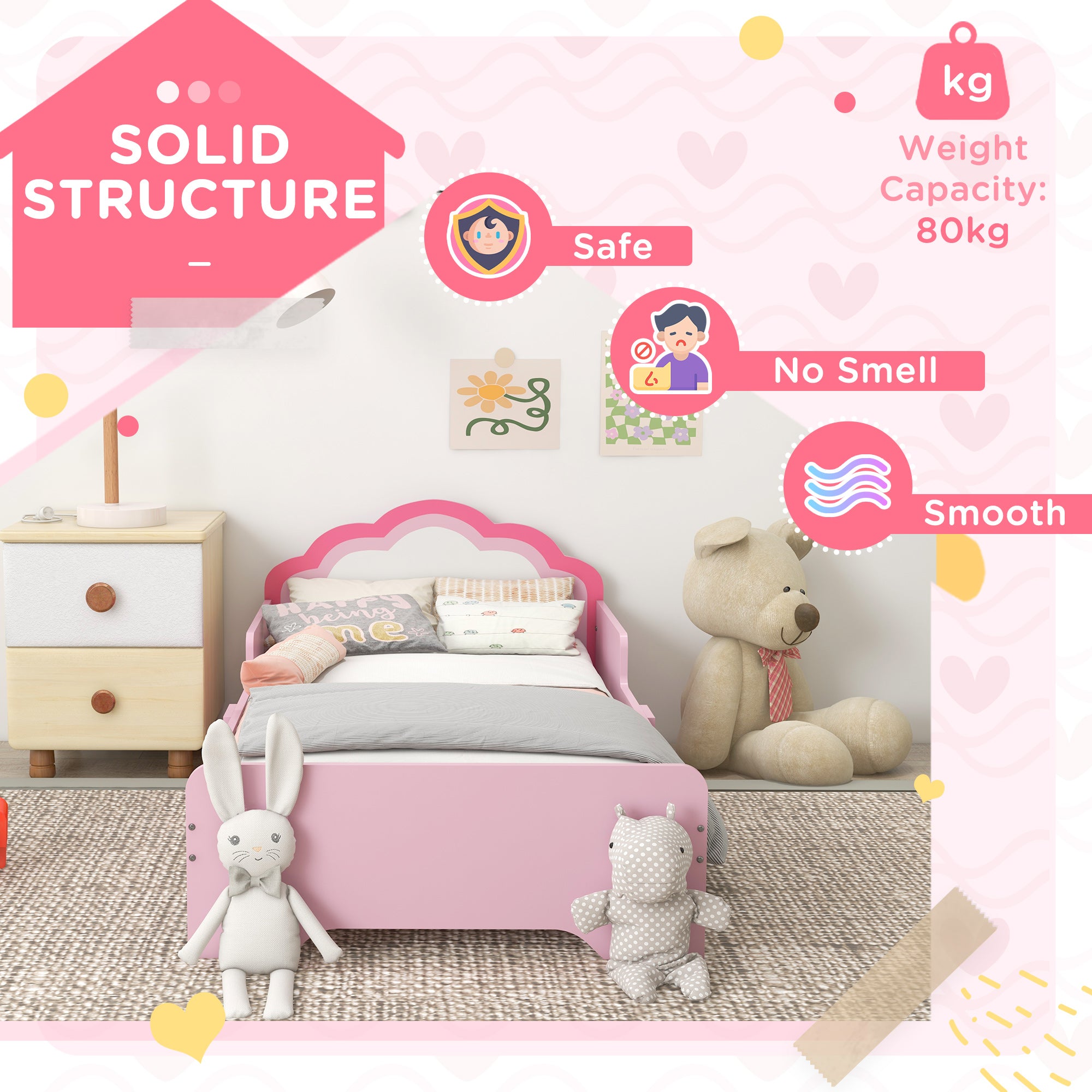 Low Kids Bed Frame with Pink Cloud Headboard