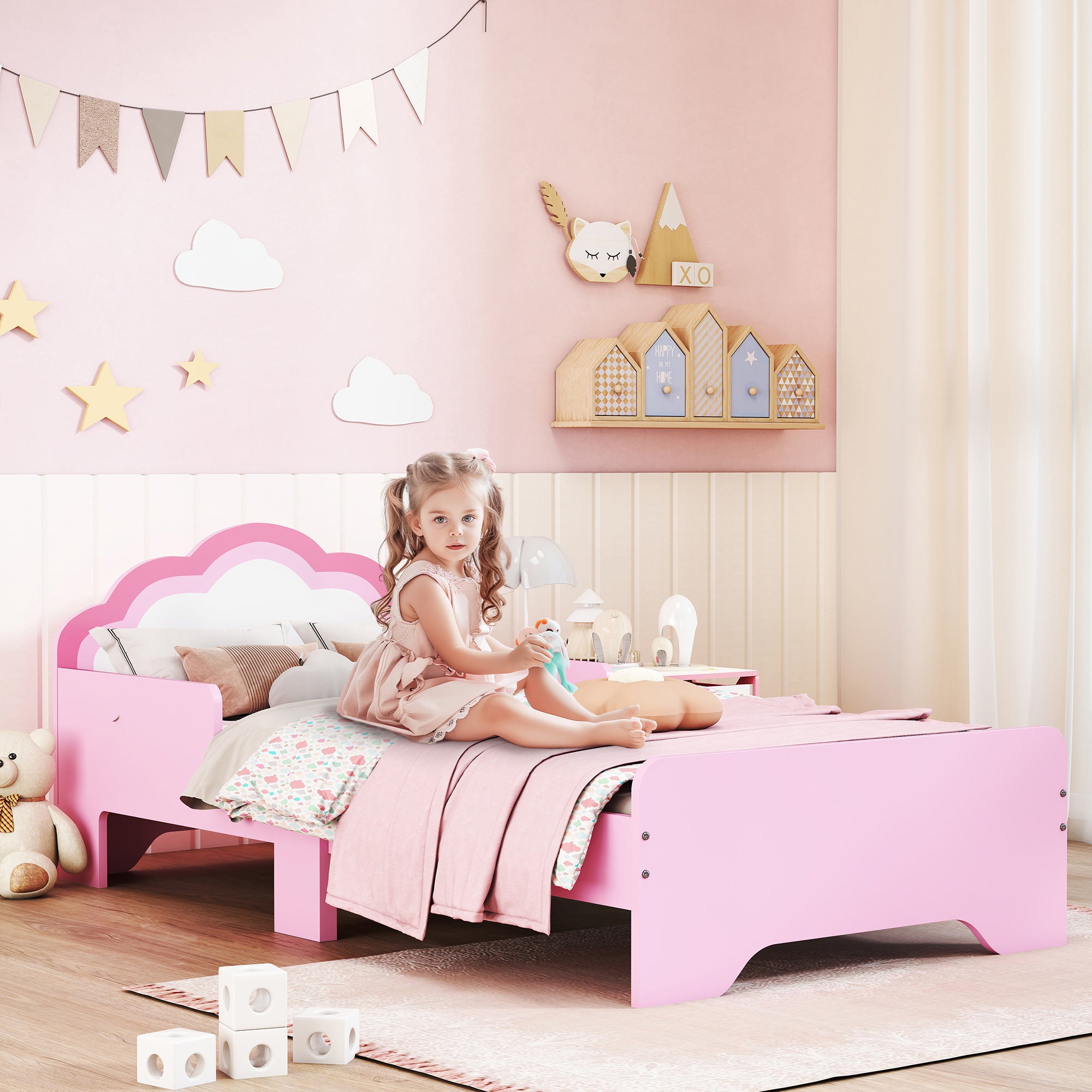 Low Kids Bed Frame with Pink Cloud Headboard