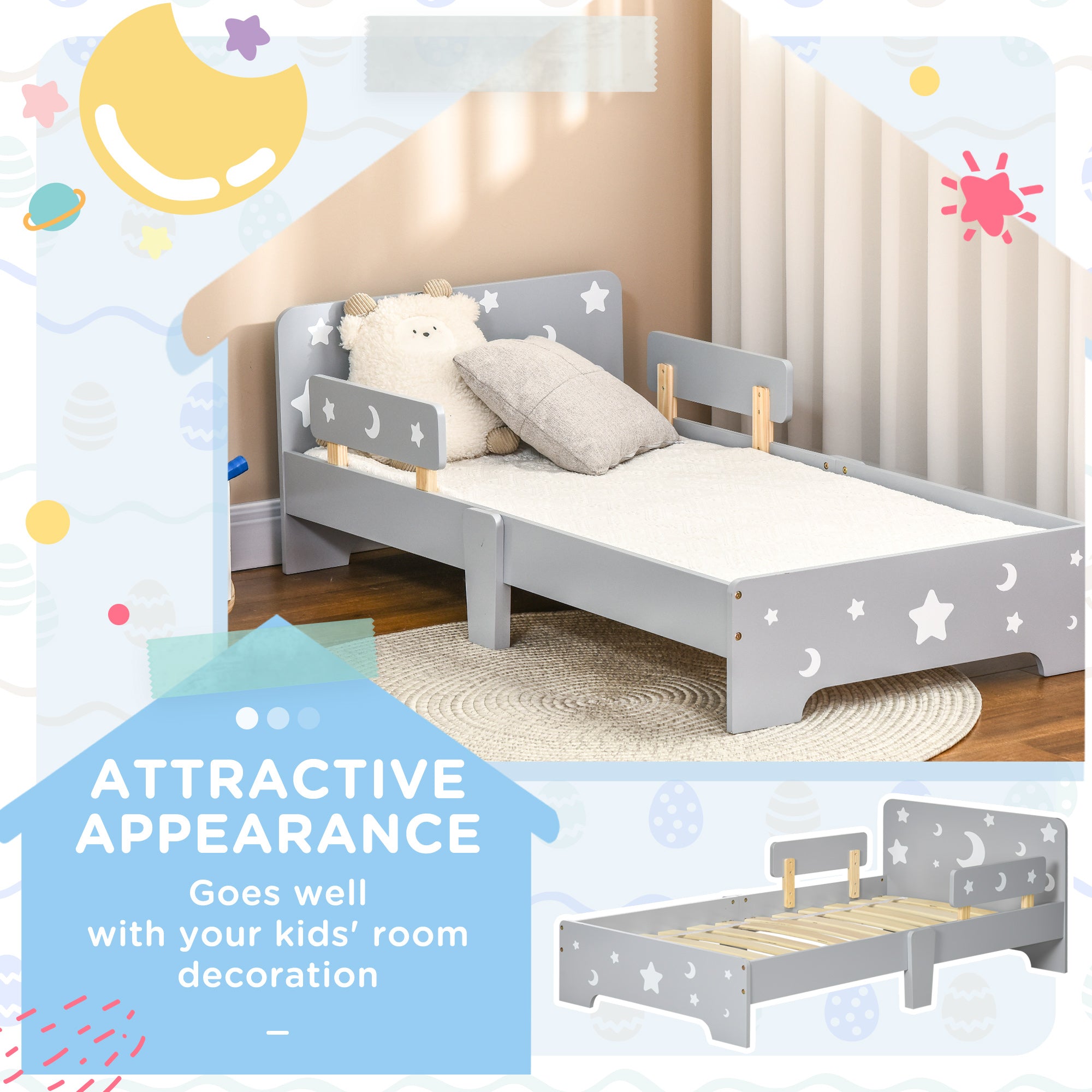 Low Kids Bed Frame with Stars and Moon Headboard