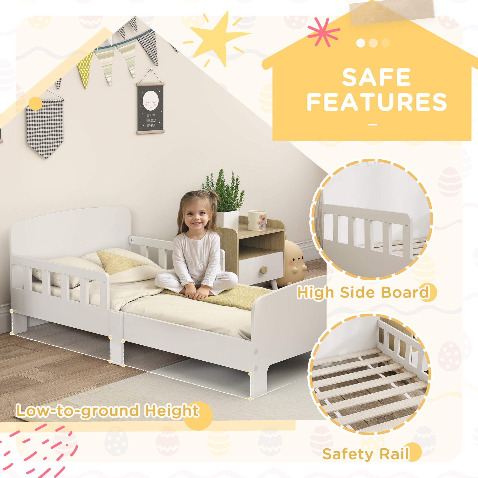 Low Kids White Bed Frame with Guard Rails