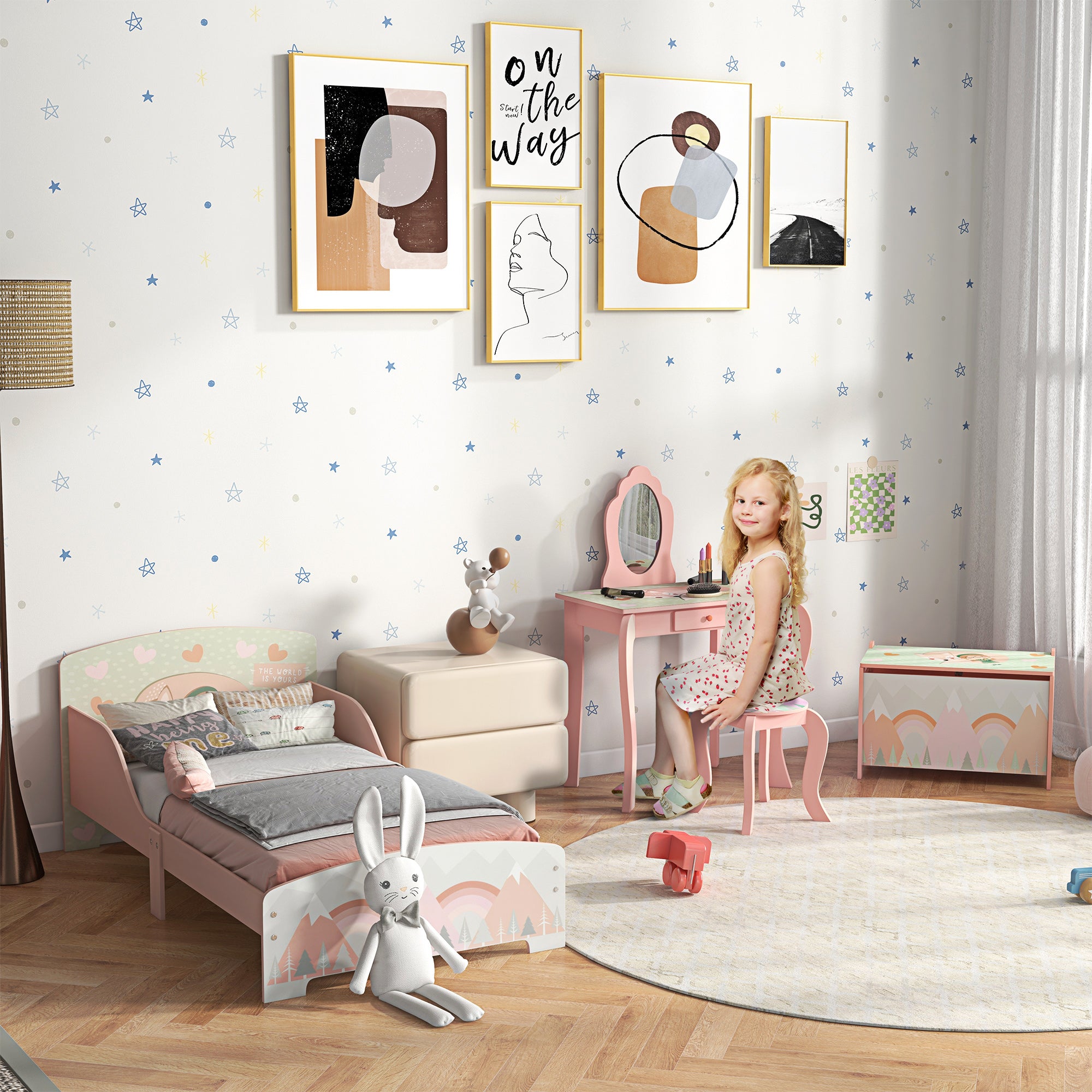 Low Kids Bed Frame with Girl and Hearts Headboard