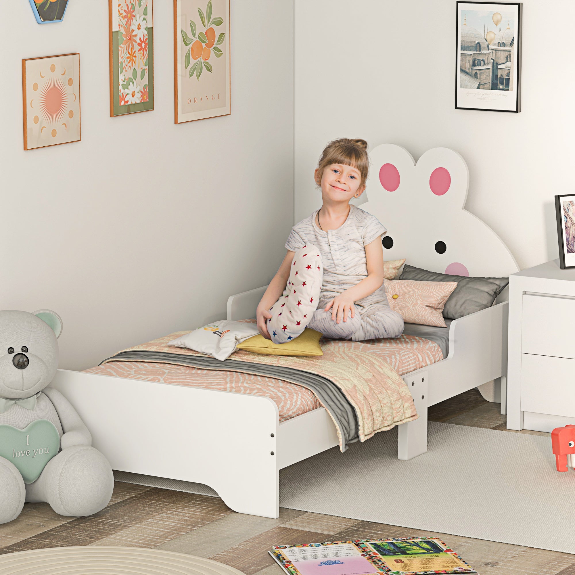 Low Kids Bed Frame with White Bunny Headboard