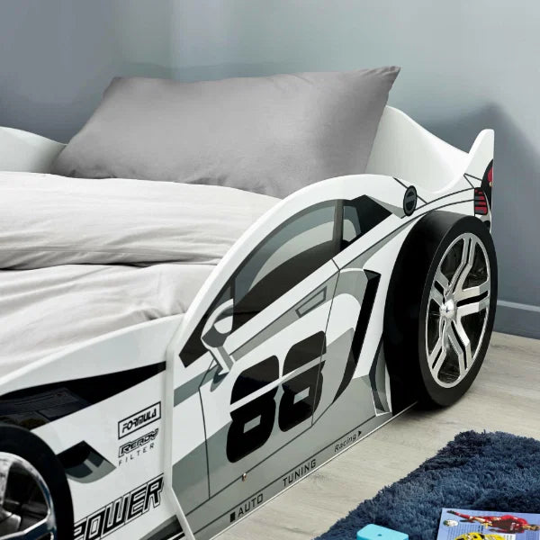 Dash White and Grey High Gloss 90cm Single Race Car Bed