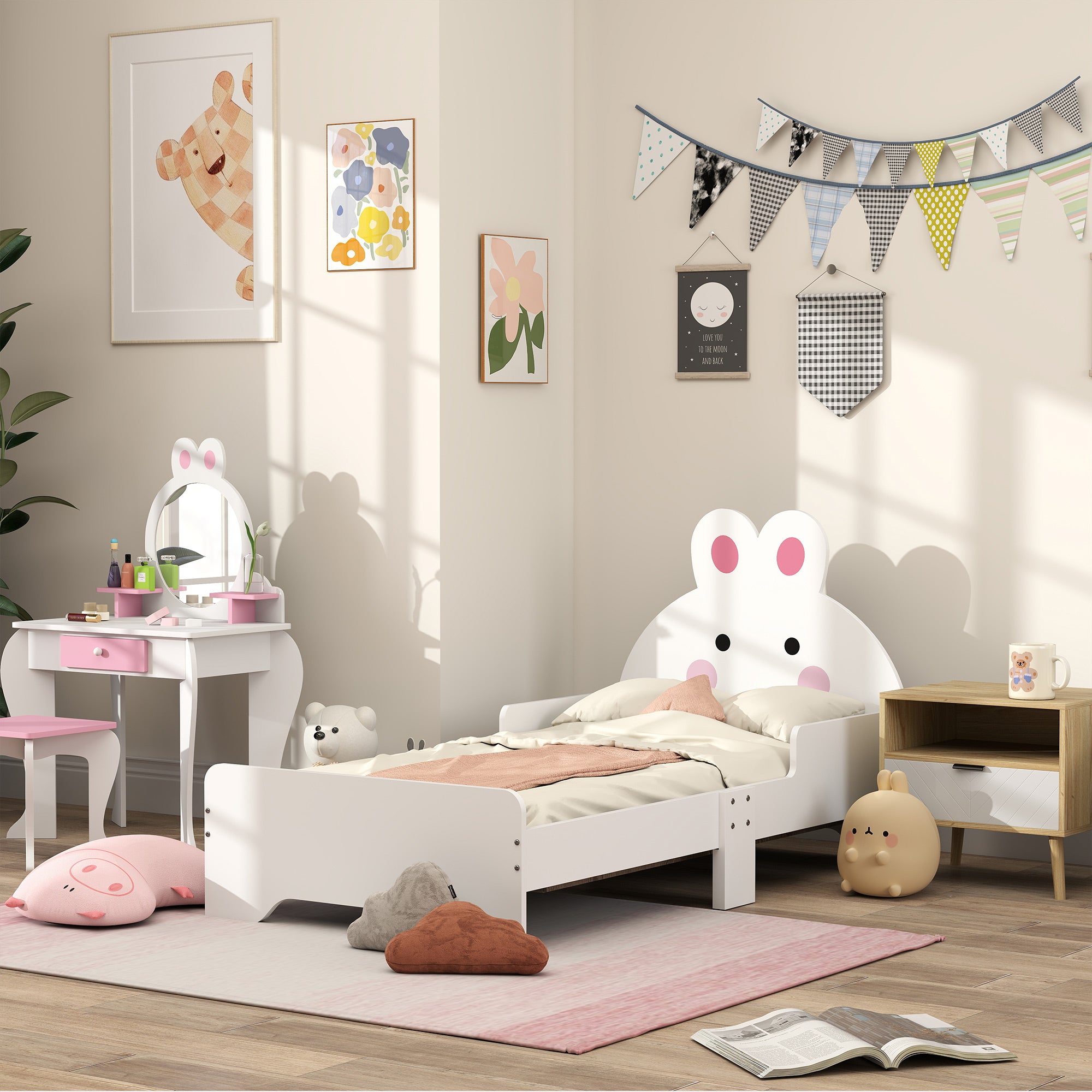 Low Kids Bed Frame with White Bunny Headboard