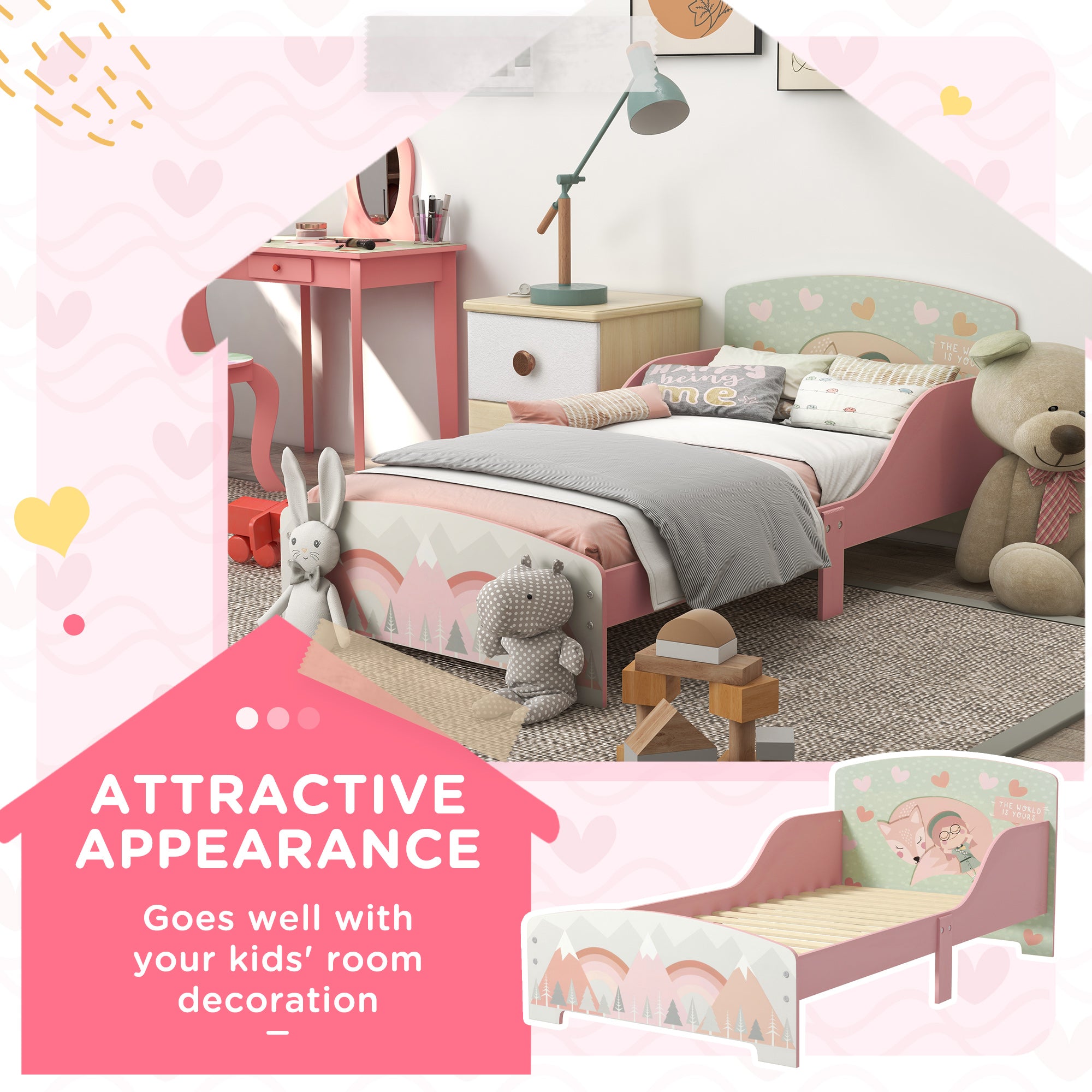 Low Kids Bed Frame with Girl and Hearts Headboard