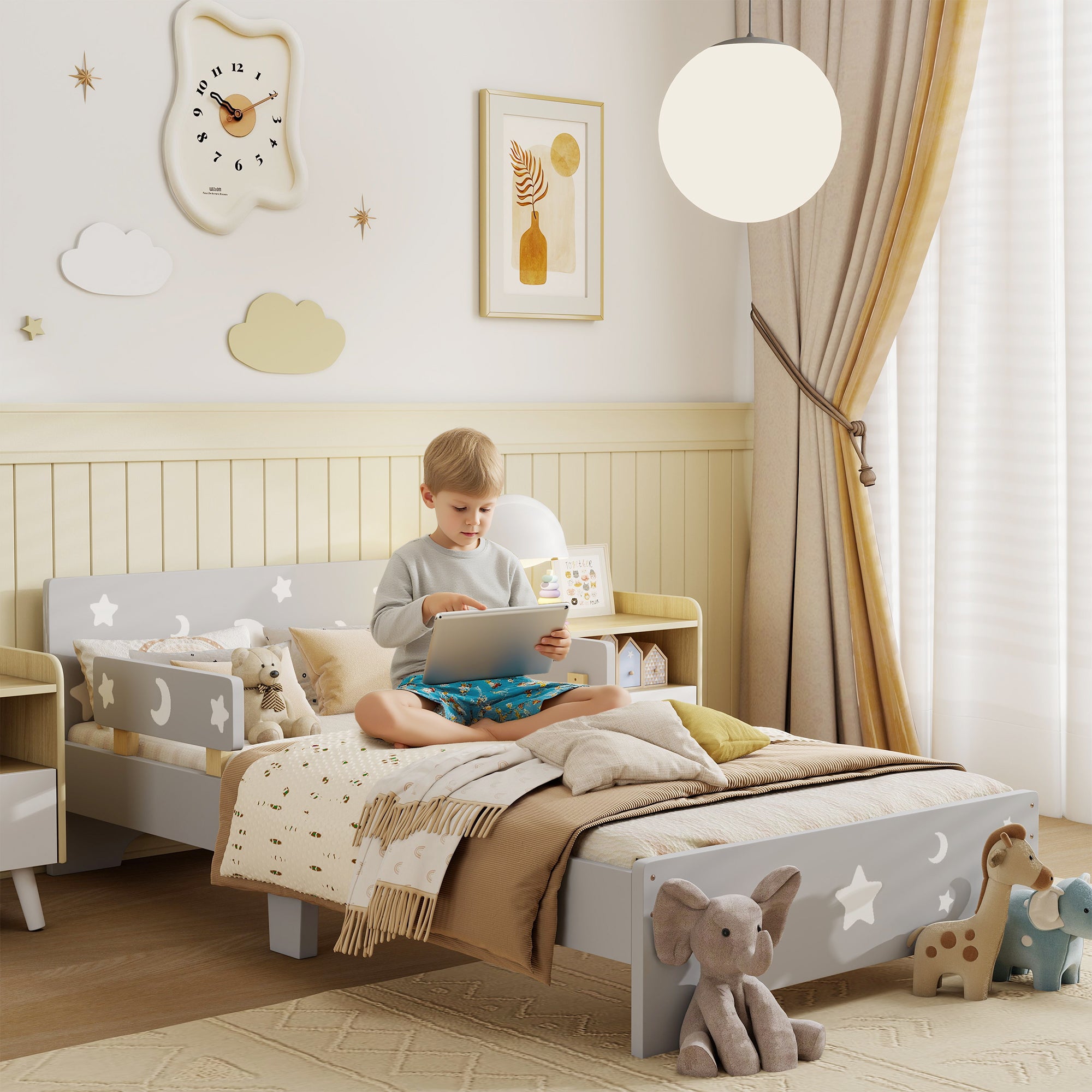 Low Kids Bed Frame with Stars and Moon Headboard