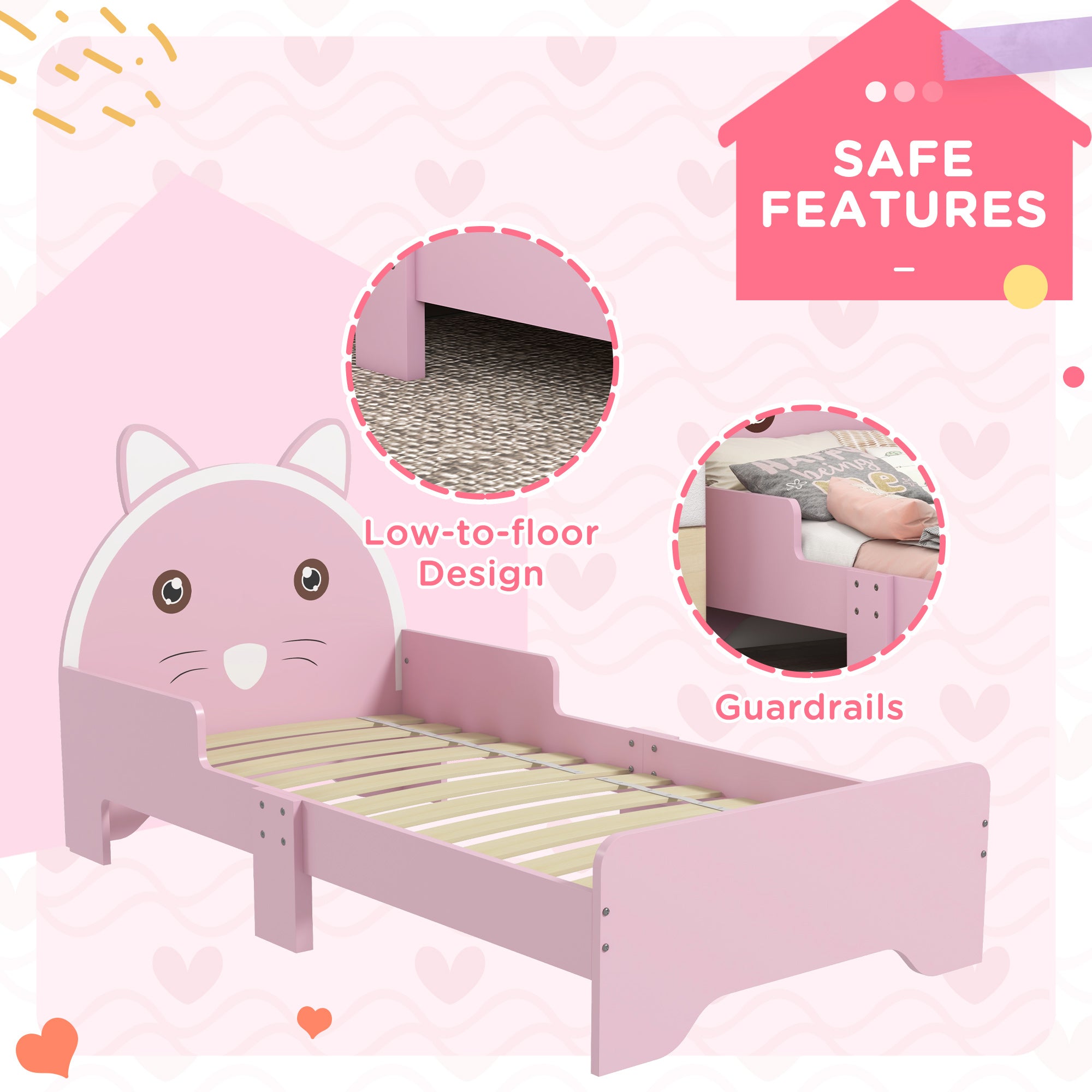 Low Kids Bed Frame with Pink Cat Headboard