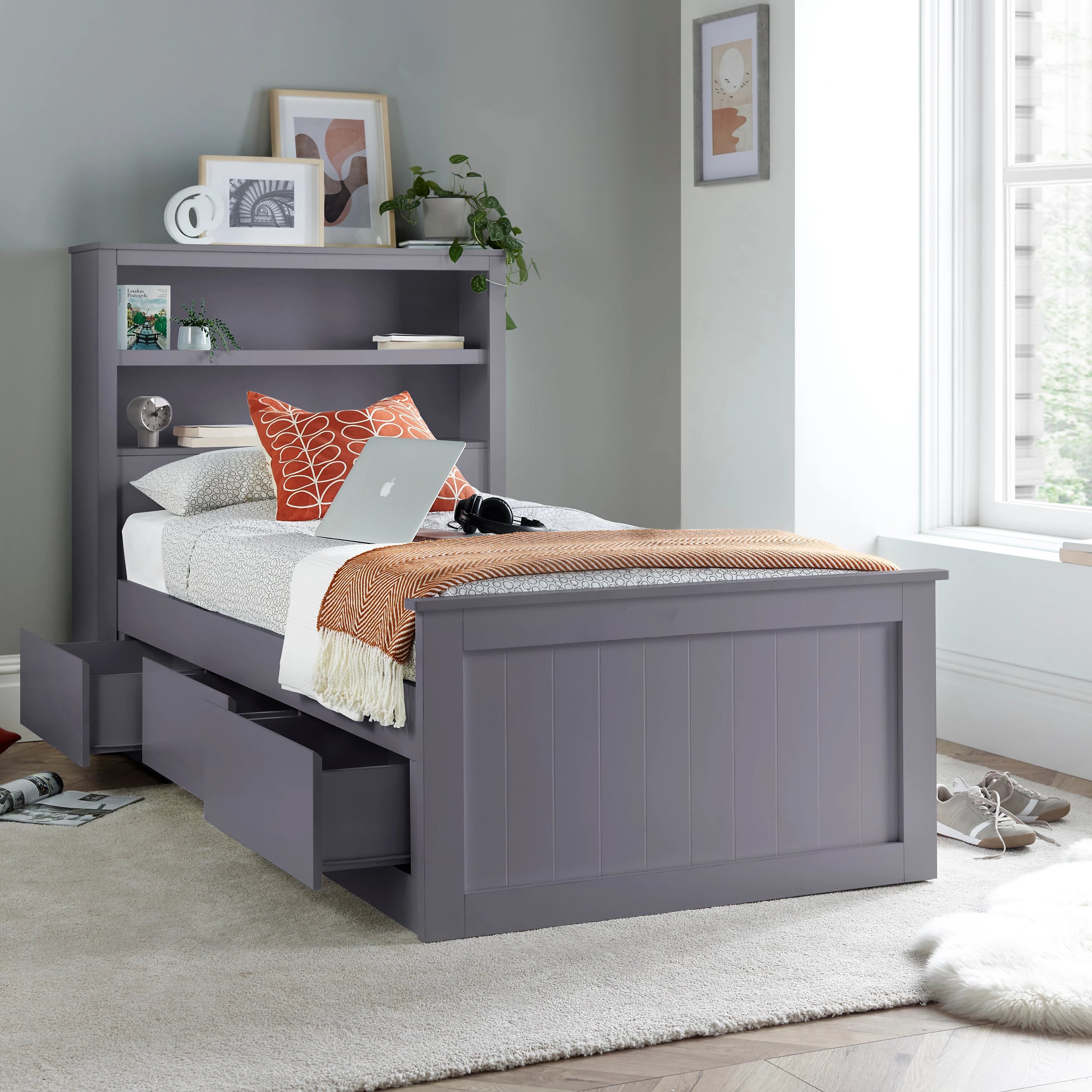 Enzo Grey Wooden 3 Drawer Bookcase Storage Bed Frame - 3ft Single