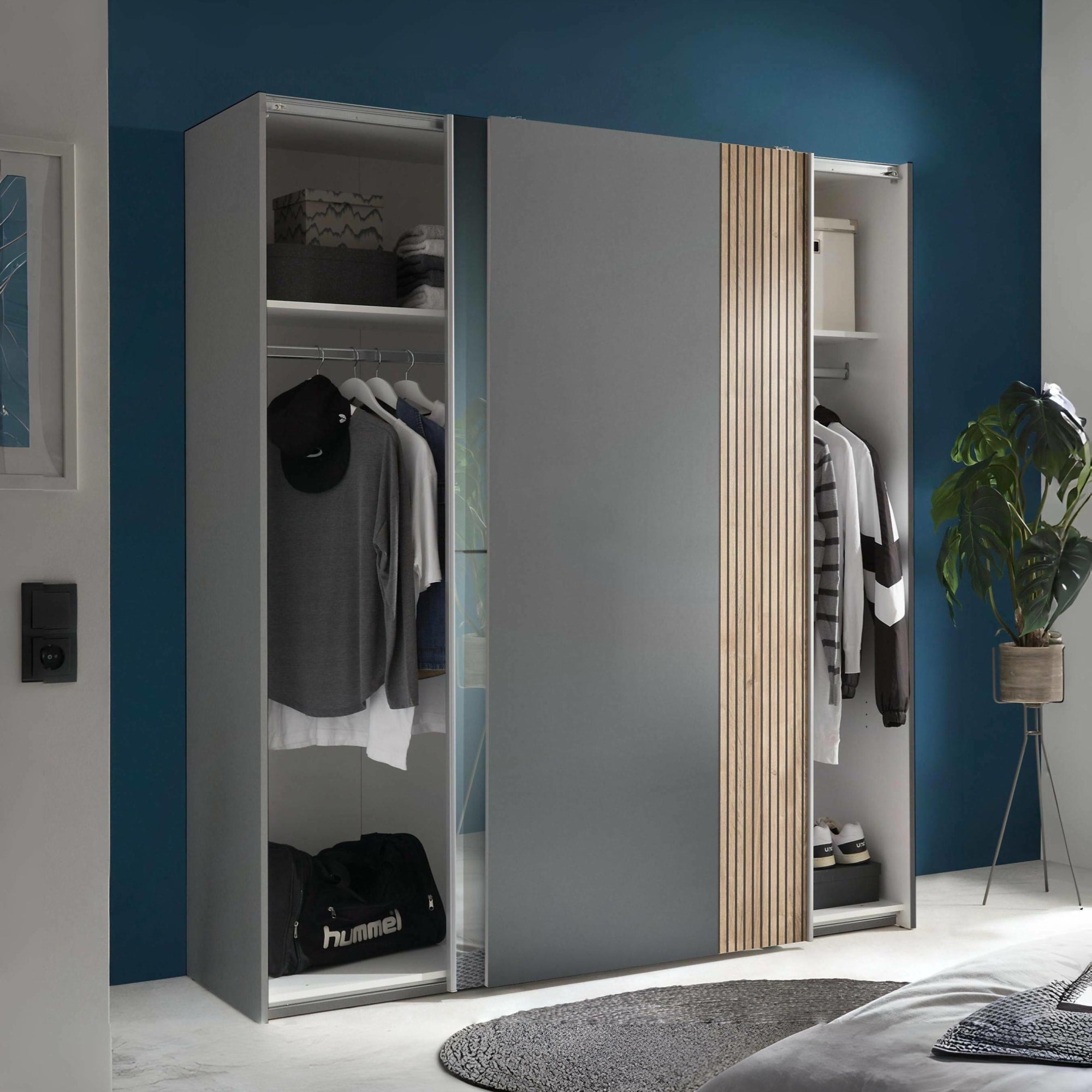 Berno Light Oak and Dark Grey Sliding 2 Door Wardrobe With Mirror