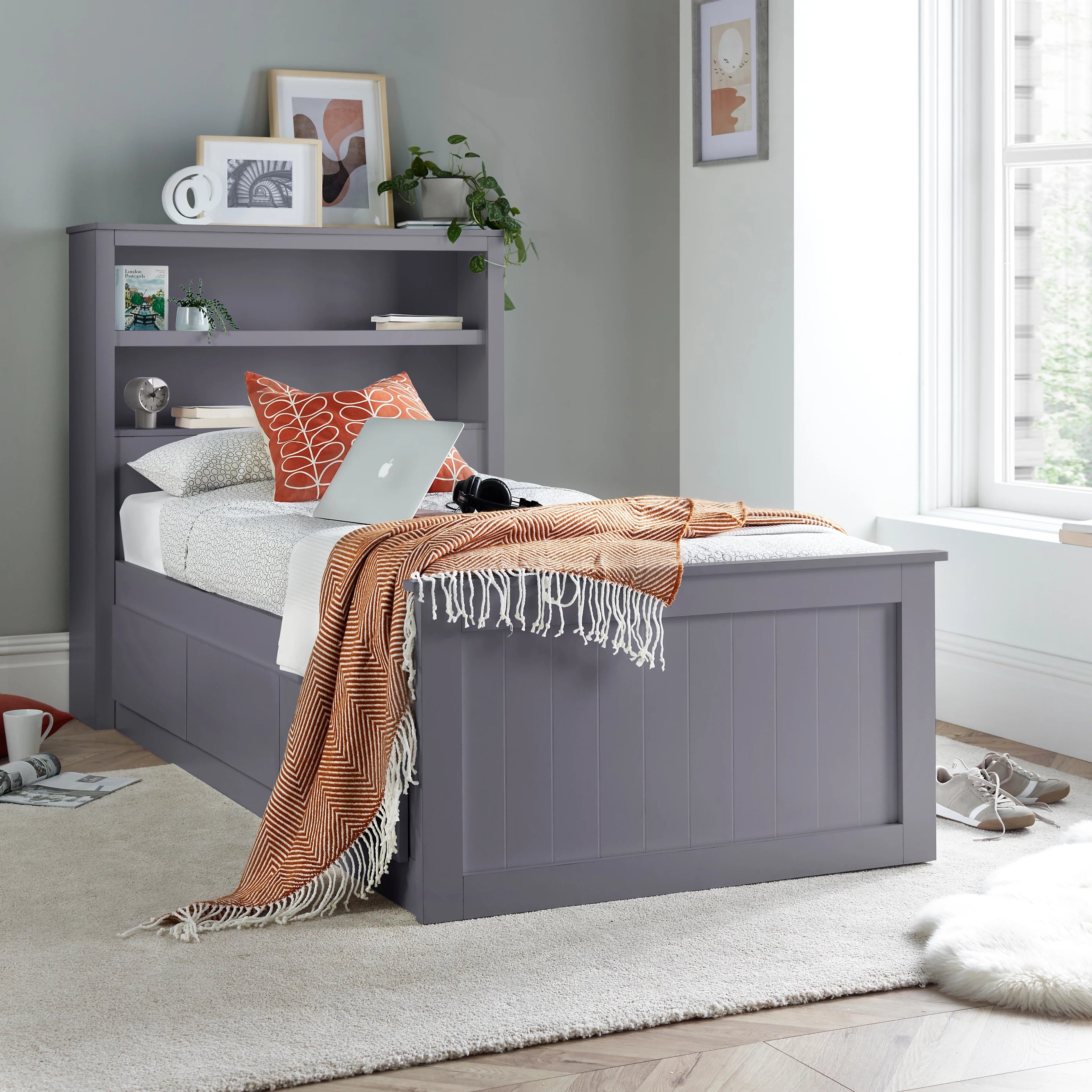 Enzo Grey Wooden 3 Drawer Bookcase Storage Bed Frame - 3ft Single
