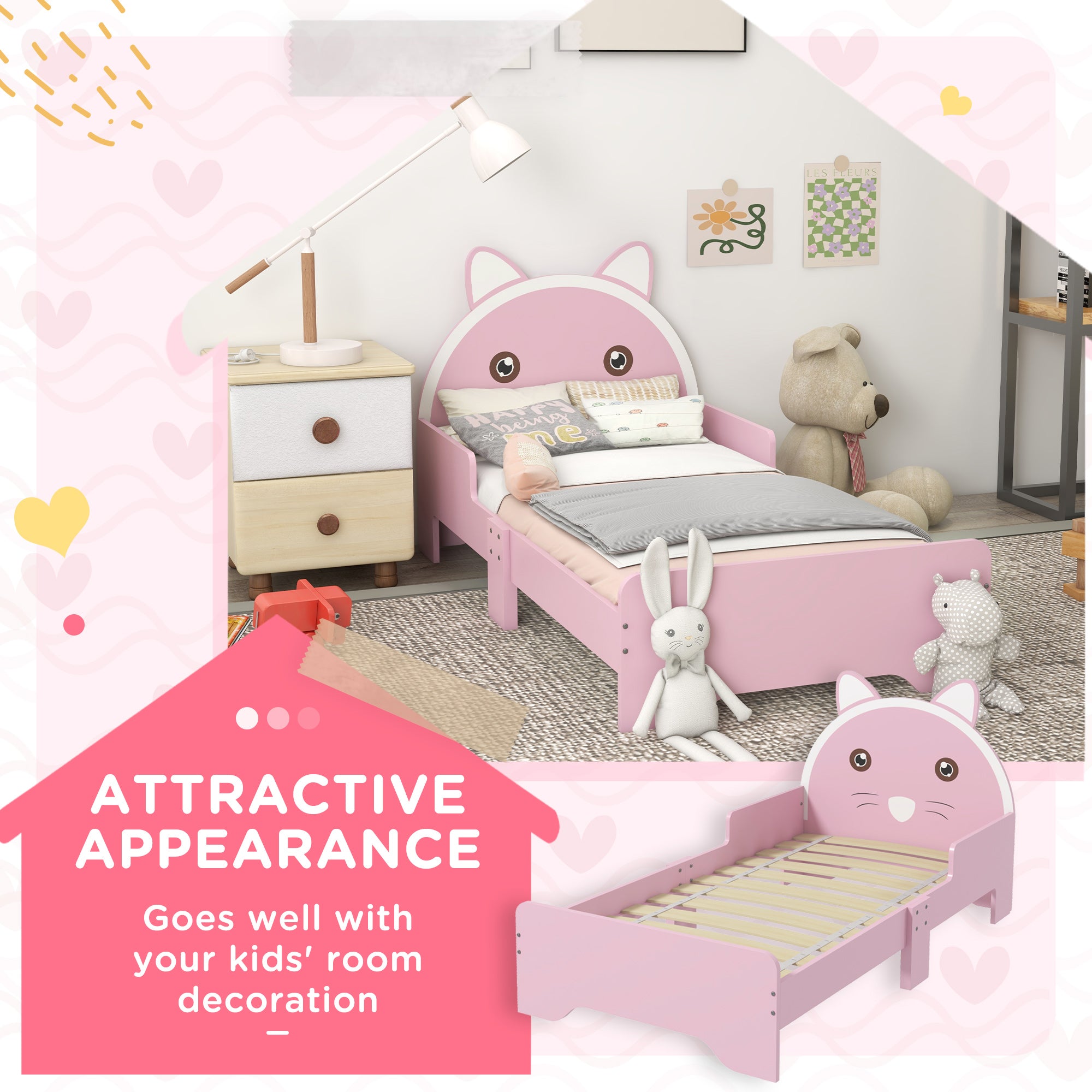 Low Kids Bed Frame with Pink Cat Headboard