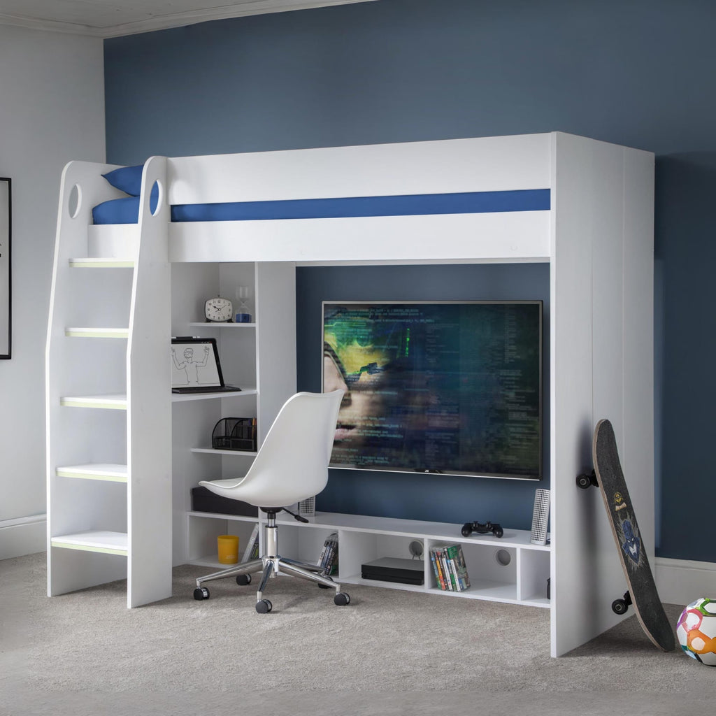 Nebula Gaming High Sleeper Bed With Desk - White