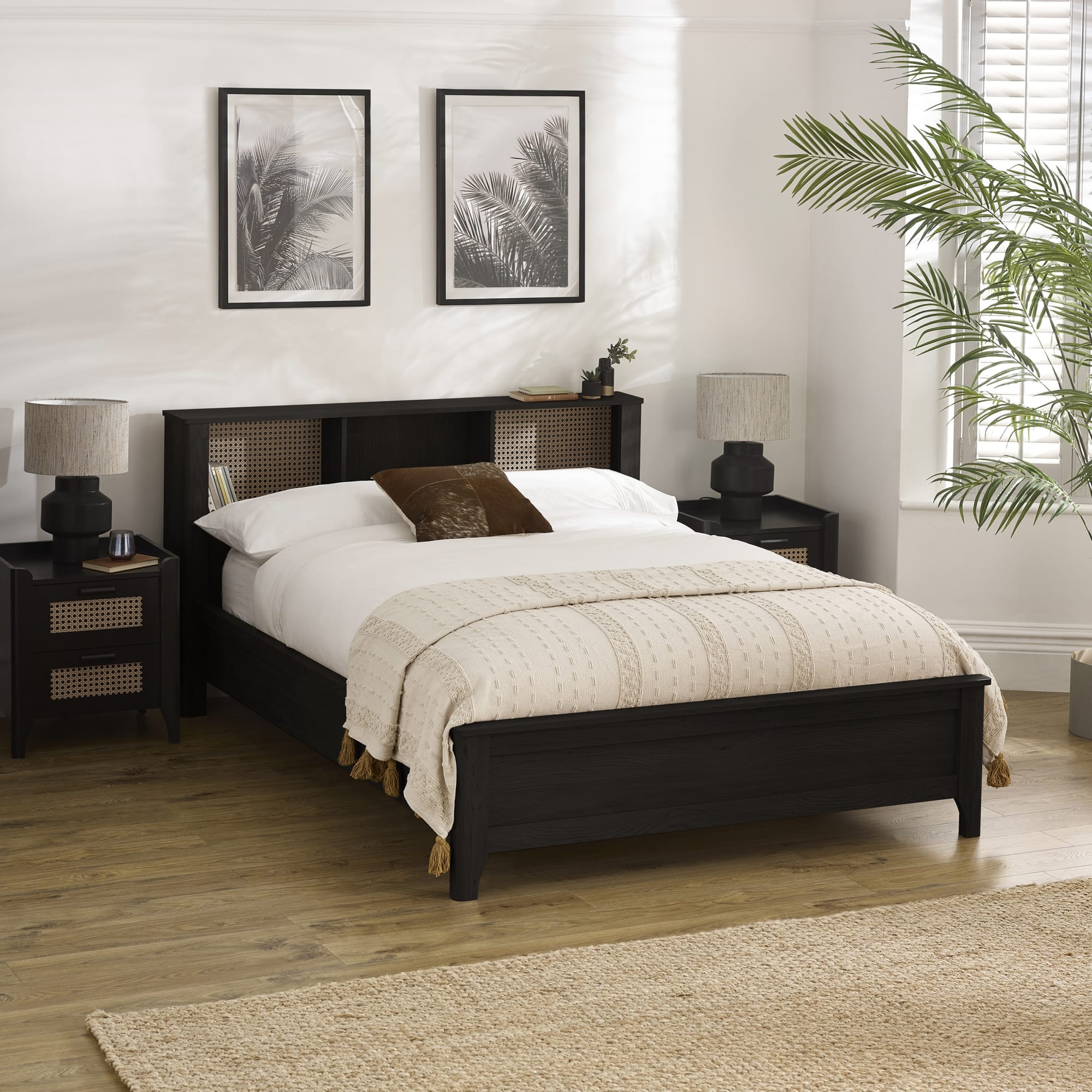 Sydney Black Ash Rattan Effect 135cm Double Bookcase Bed