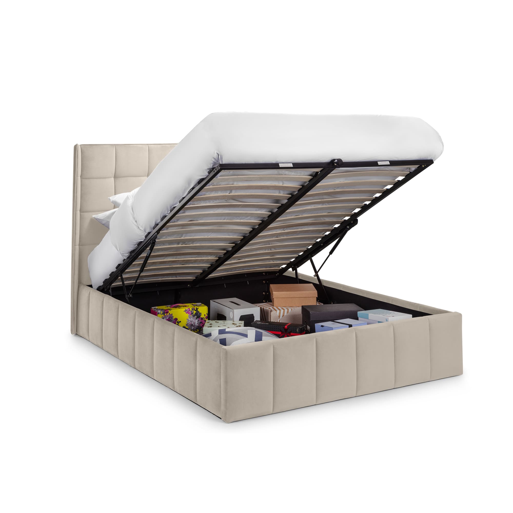 Gatsby Cream Velvet 135cm Double Ottoman Storage Bed