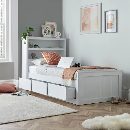 White Wooden 3 Drawer Bookcase Storage Bed Frame - 3ft Single | Enzo