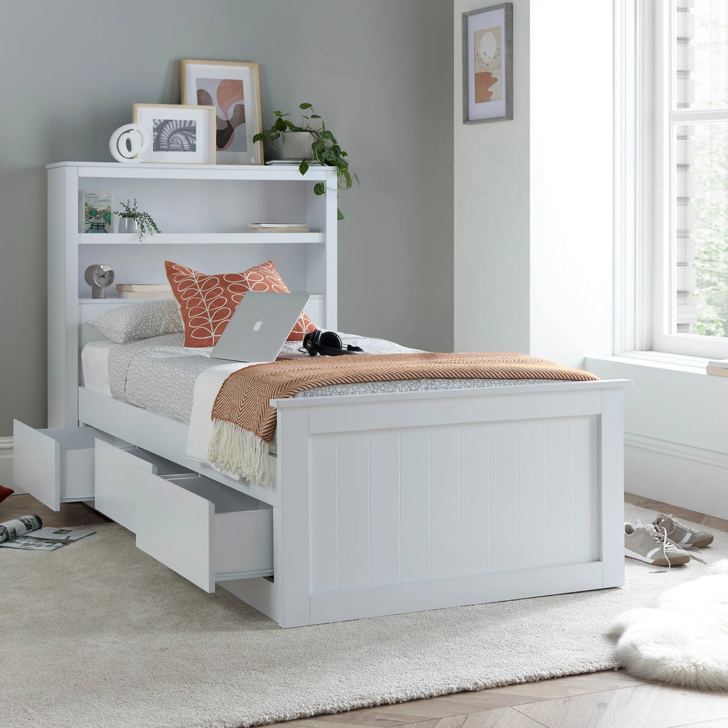 Enzo White Wooden 3 Drawer Bookcase Storage Bed Frame - 3ft Single