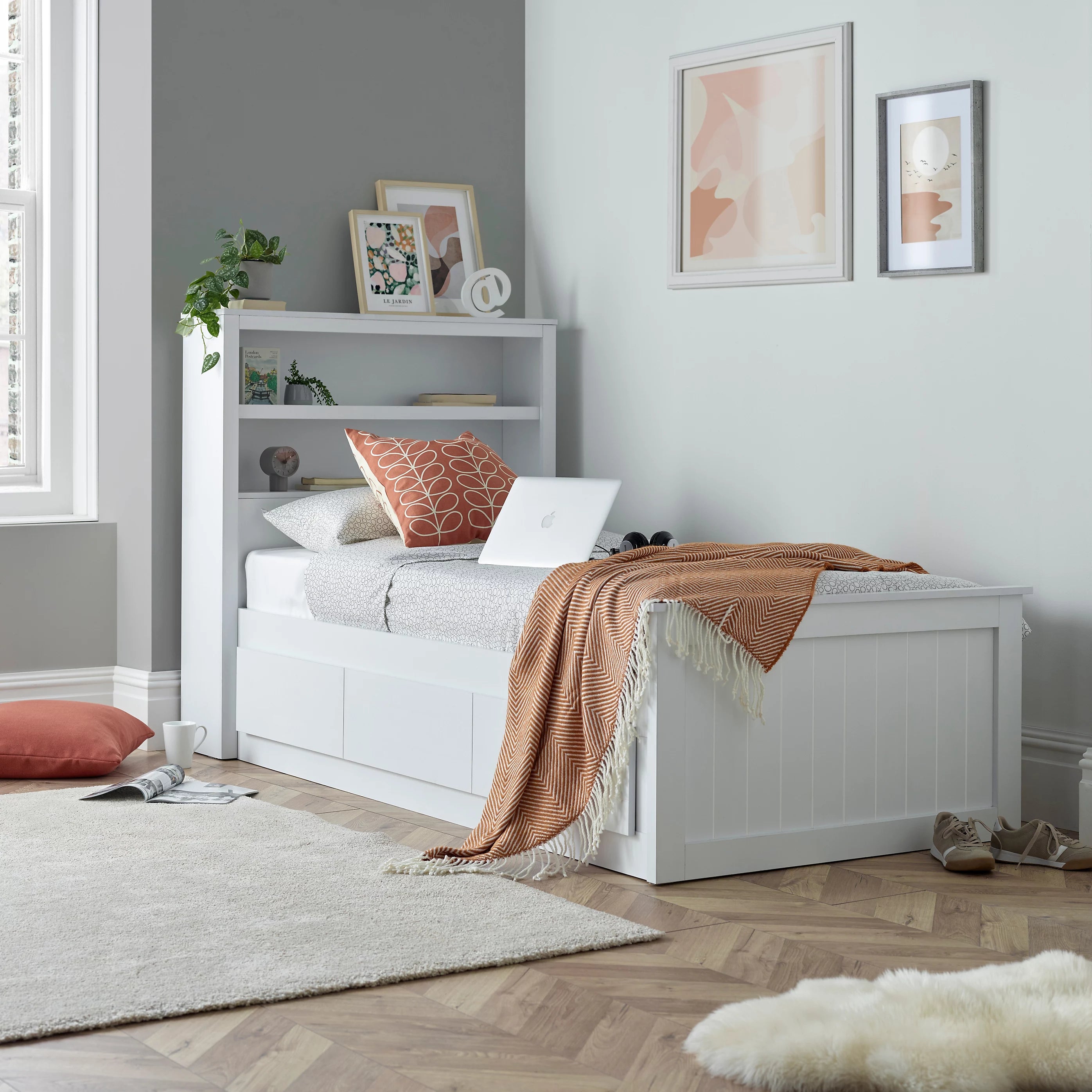 Enzo White Wooden 3 Drawer Bookcase Storage Bed Frame - 3ft Single