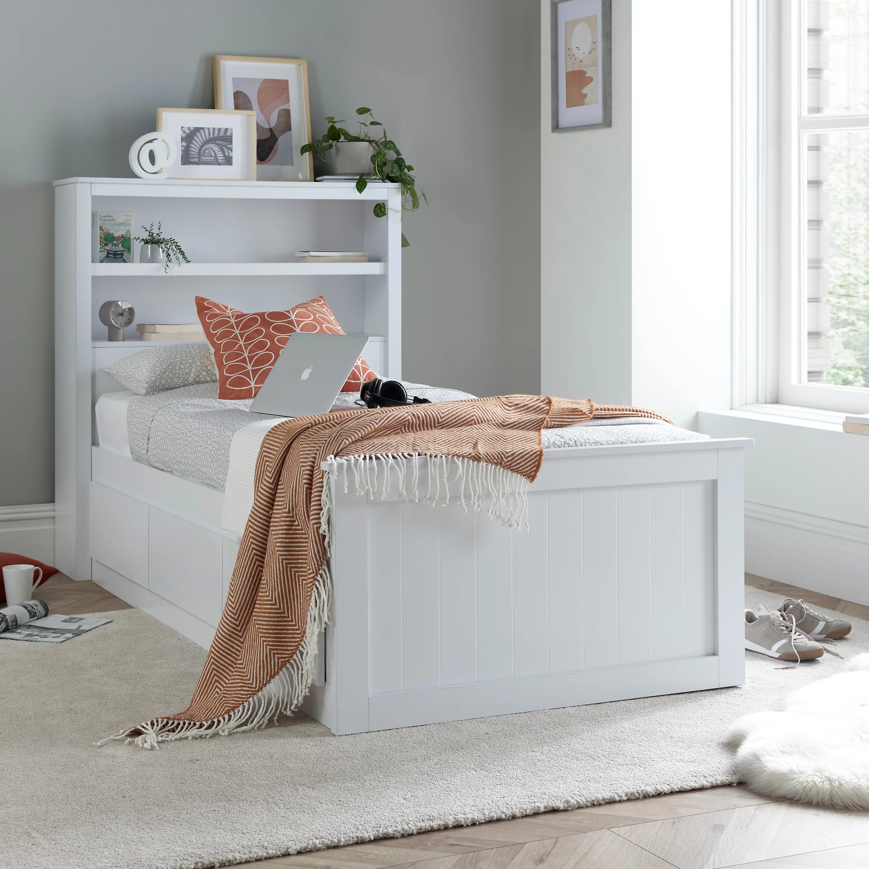 Enzo White Wooden 3 Drawer Bookcase Storage Bed Frame - 3ft Single