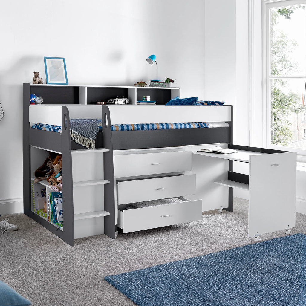 Grey & White Mid Sleeper Bed with Desk - 3ft Single | Ersa