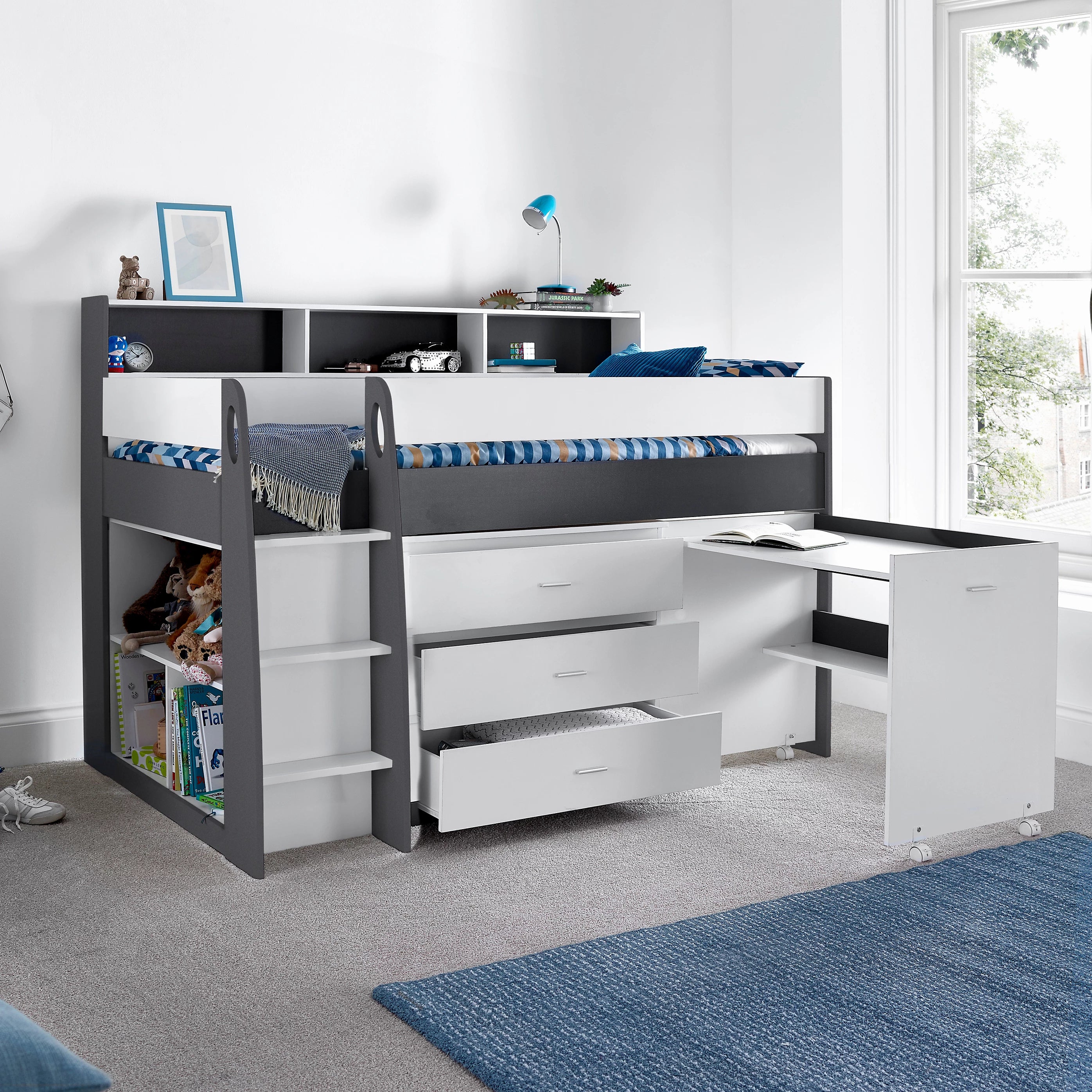 Grey & White Mid Sleeper Bed with Desk - 3ft Single | Ersa