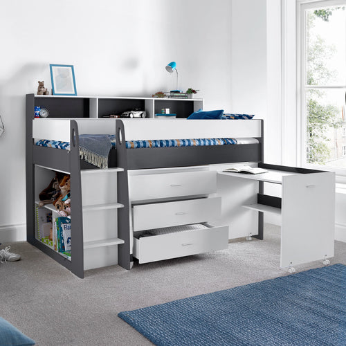 Grey & White Mid Sleeper Bed with Desk