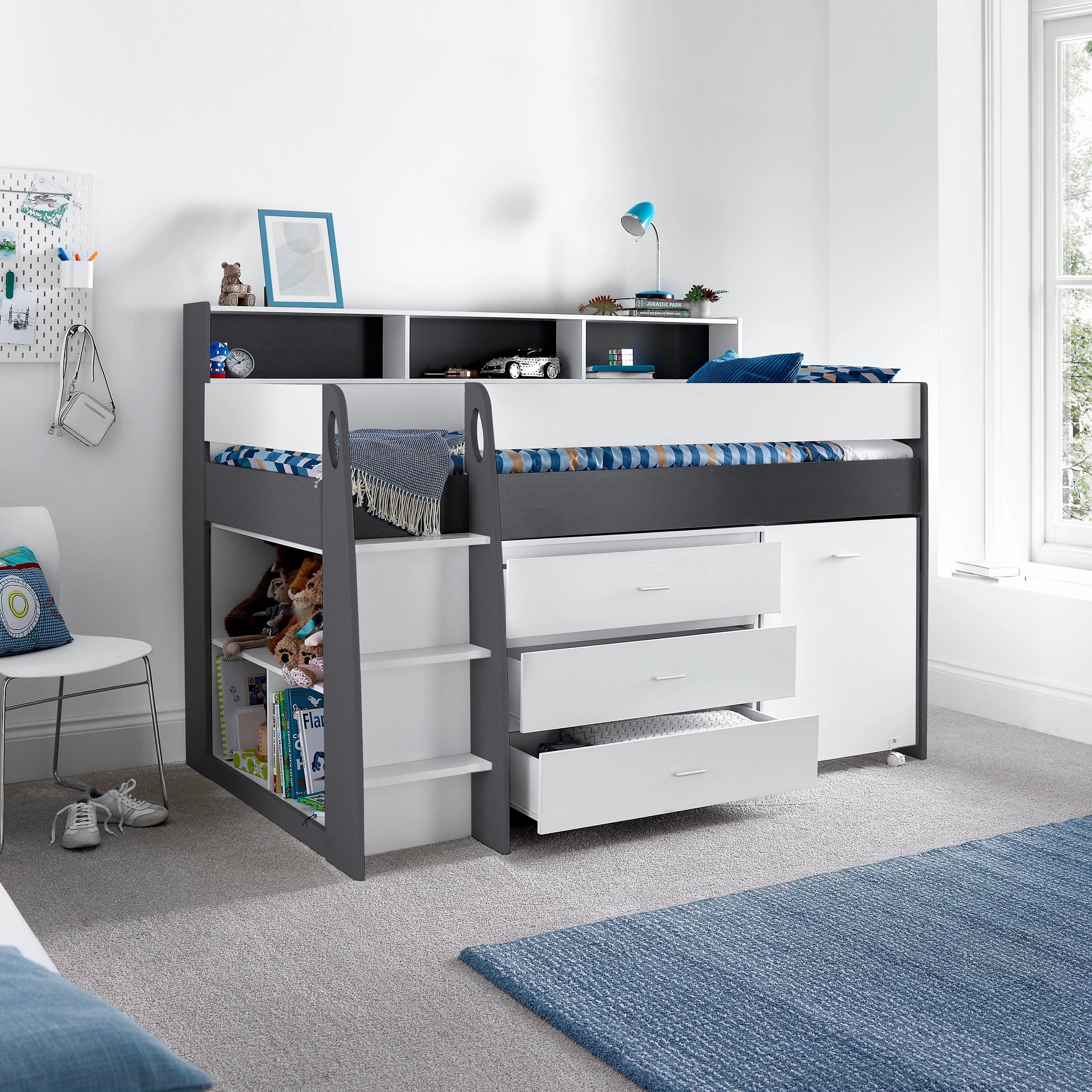 Grey & White Mid Sleeper Bed with Desk - 3ft Single | Ersa