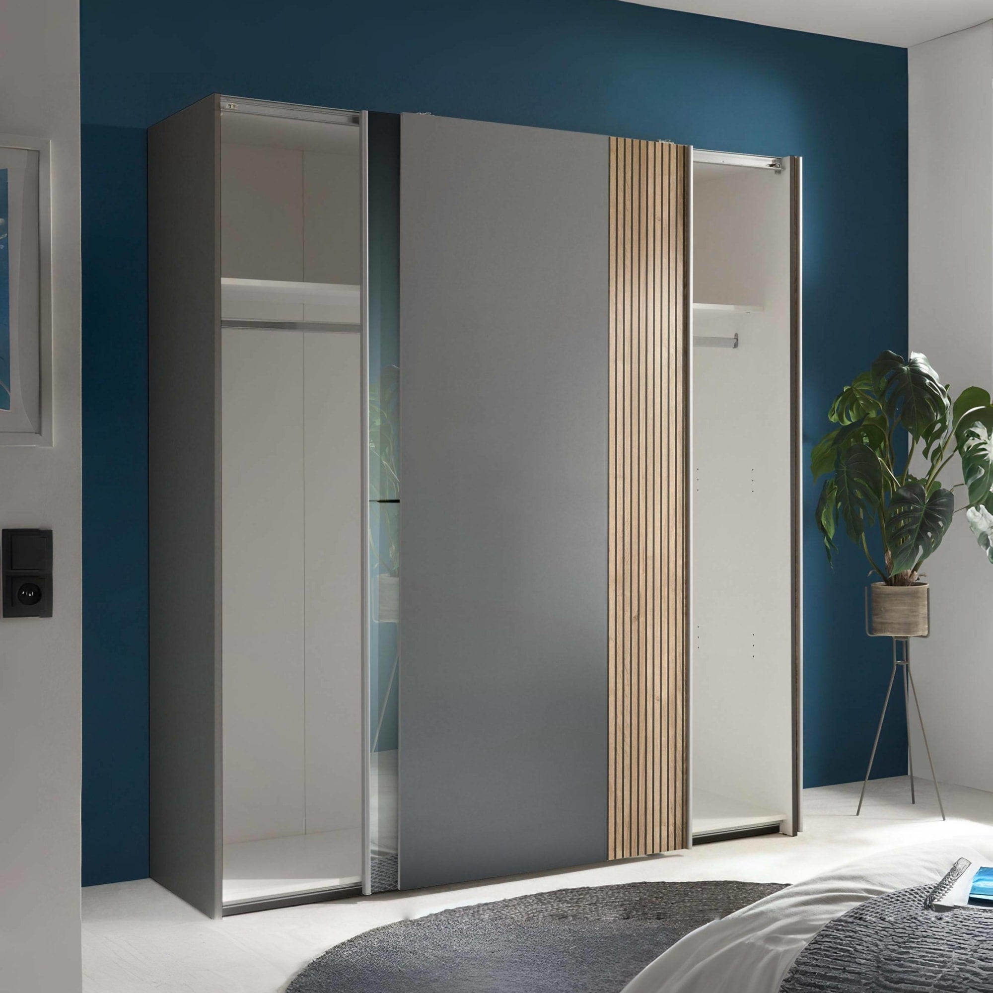 Berno Light Oak and Dark Grey Sliding 2 Door Wardrobe With Mirror