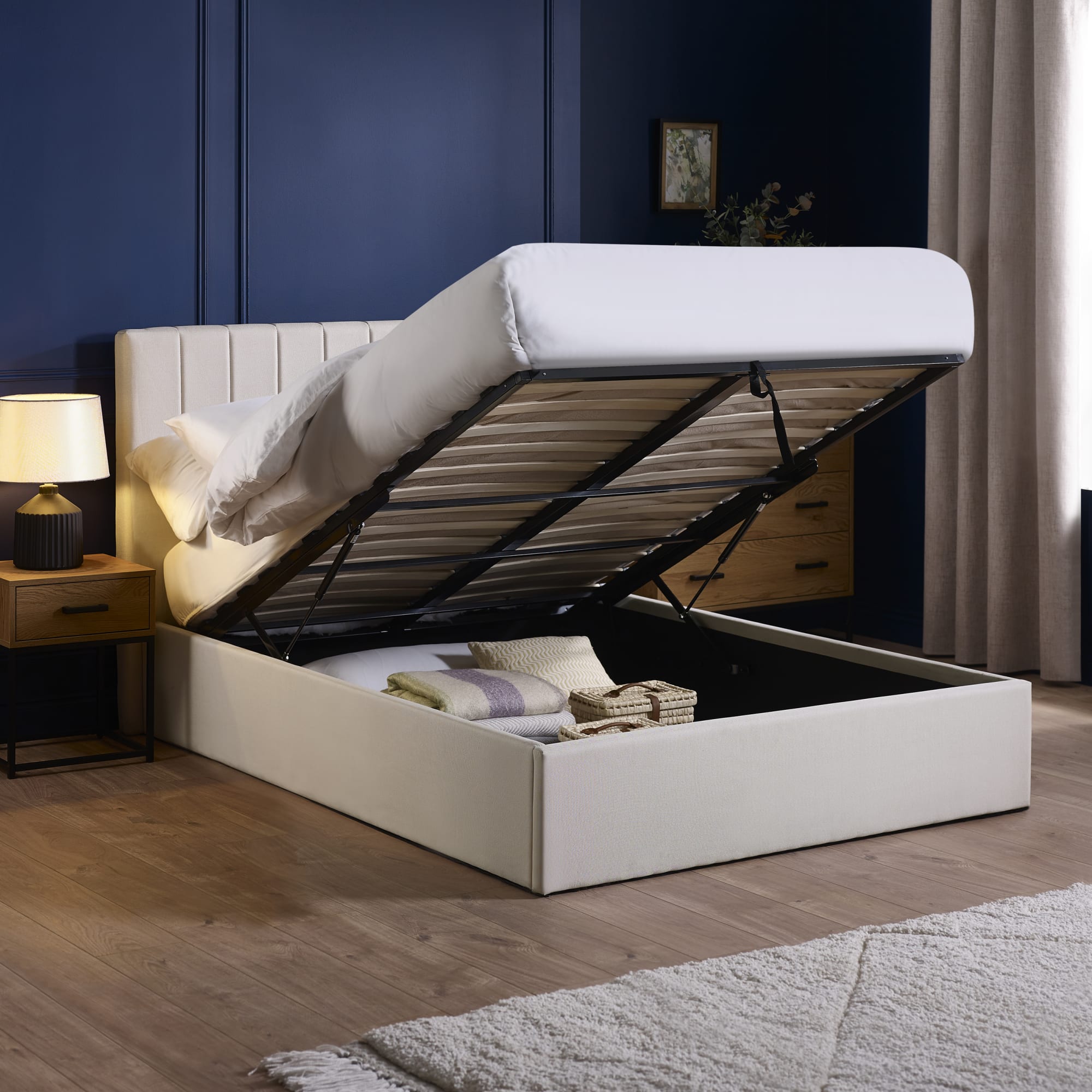 Aylen Oatmeal Linen Upholstered 135cm Double Ottoman Storage Bed Frame