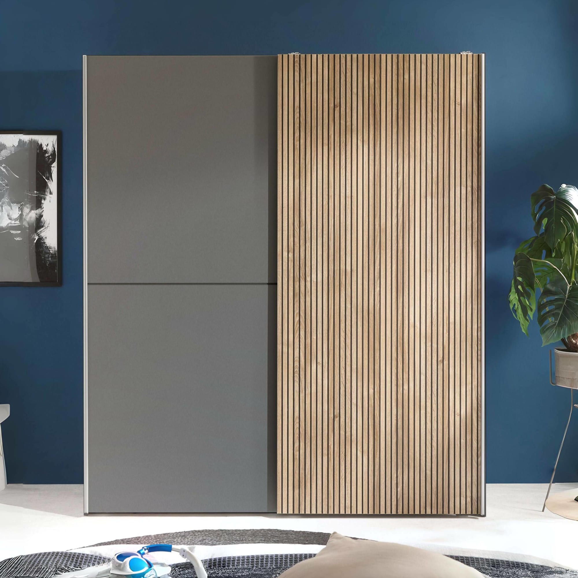 Berno Light Oak and Dark Grey Sliding 2 Door Wardrobe