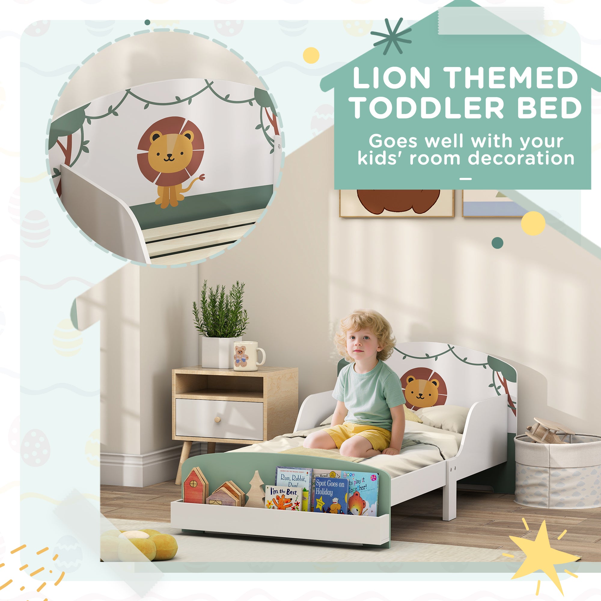 Low Kids Bed Frame with Lion Headboard