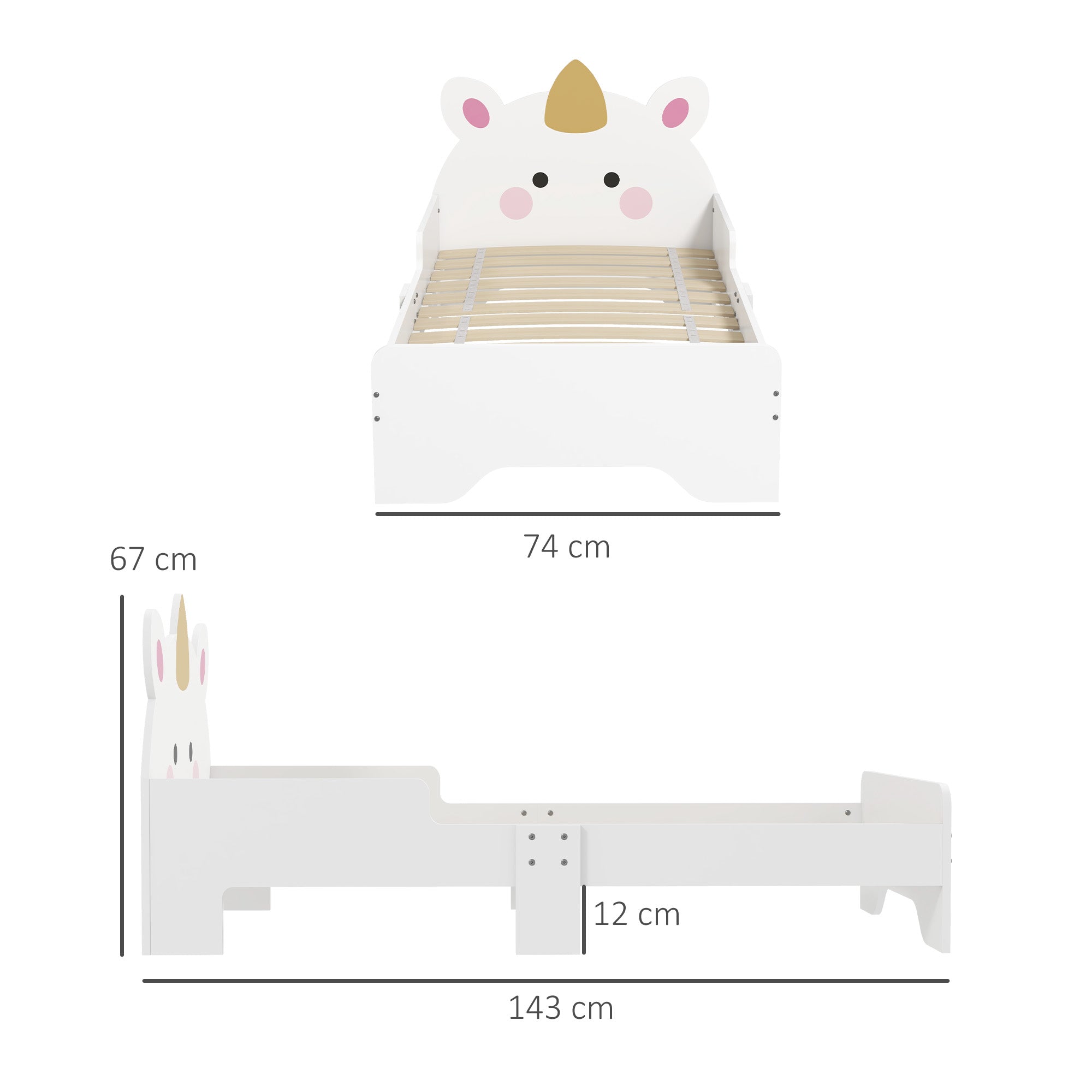 Low Kids Bed Frame with White Unicorn Headboard