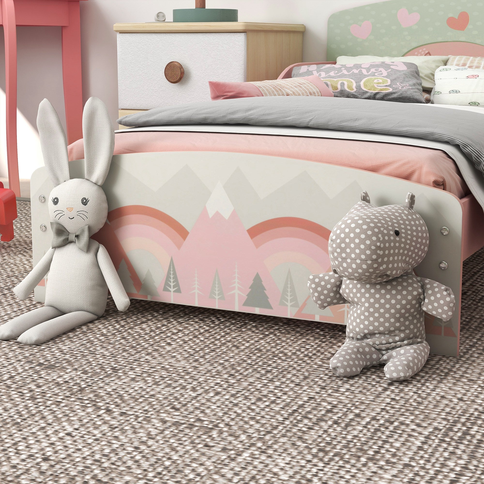 Low Kids Bed Frame with Girl and Hearts Headboard