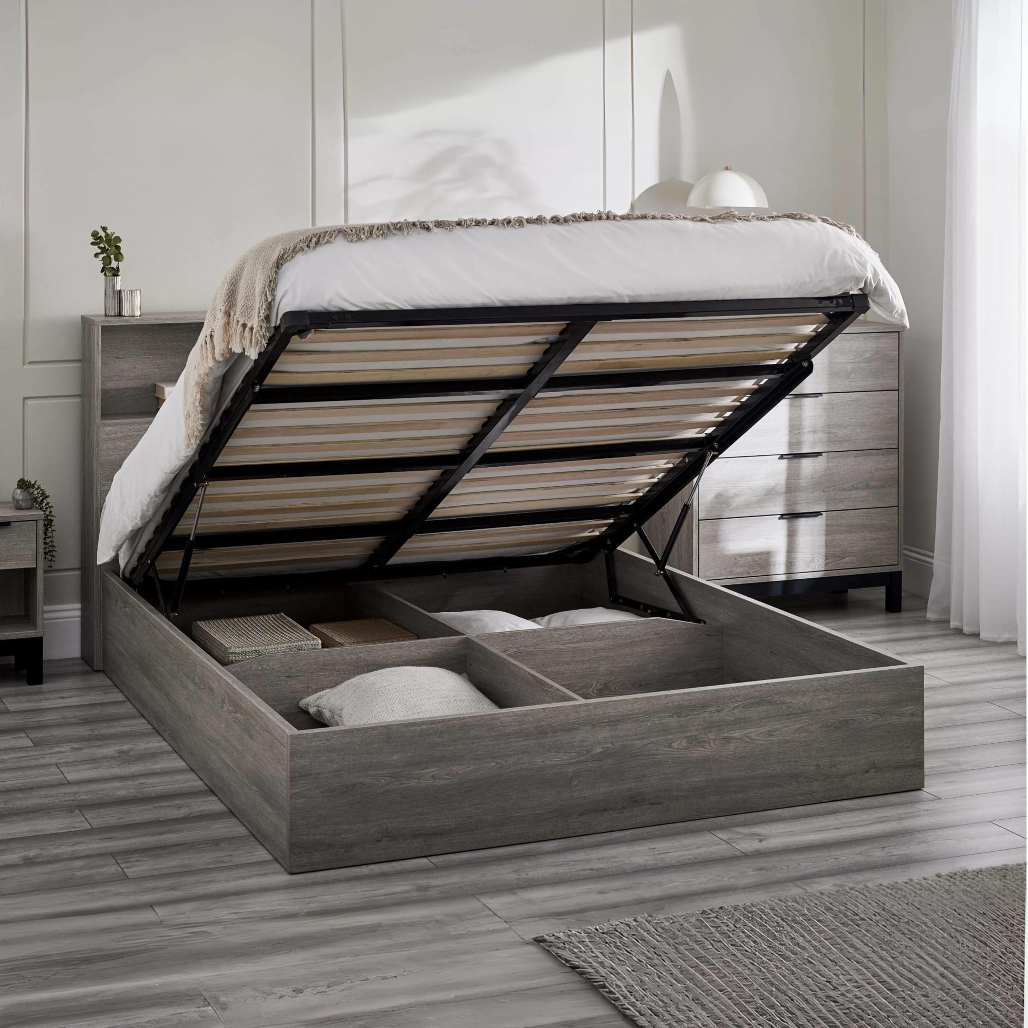 Bali Ottoman Storage 135cm Double Bed - Grey Oak