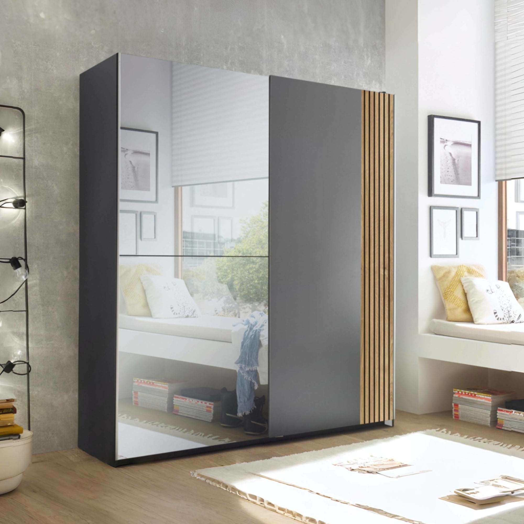 Berno Light Oak and Dark Grey Sliding 2 Door Wardrobe With Mirror