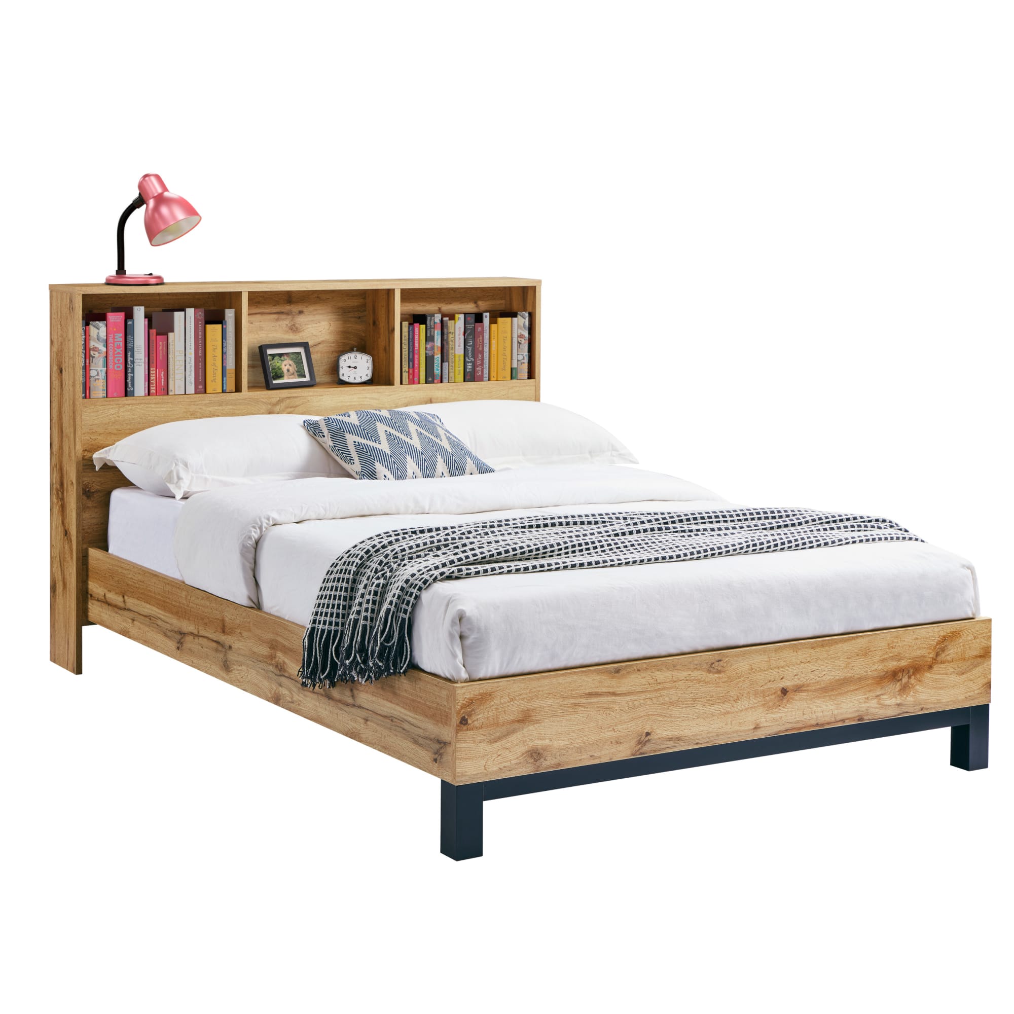 Bali Bookcase Headboard Bed 135cm - Light Oak