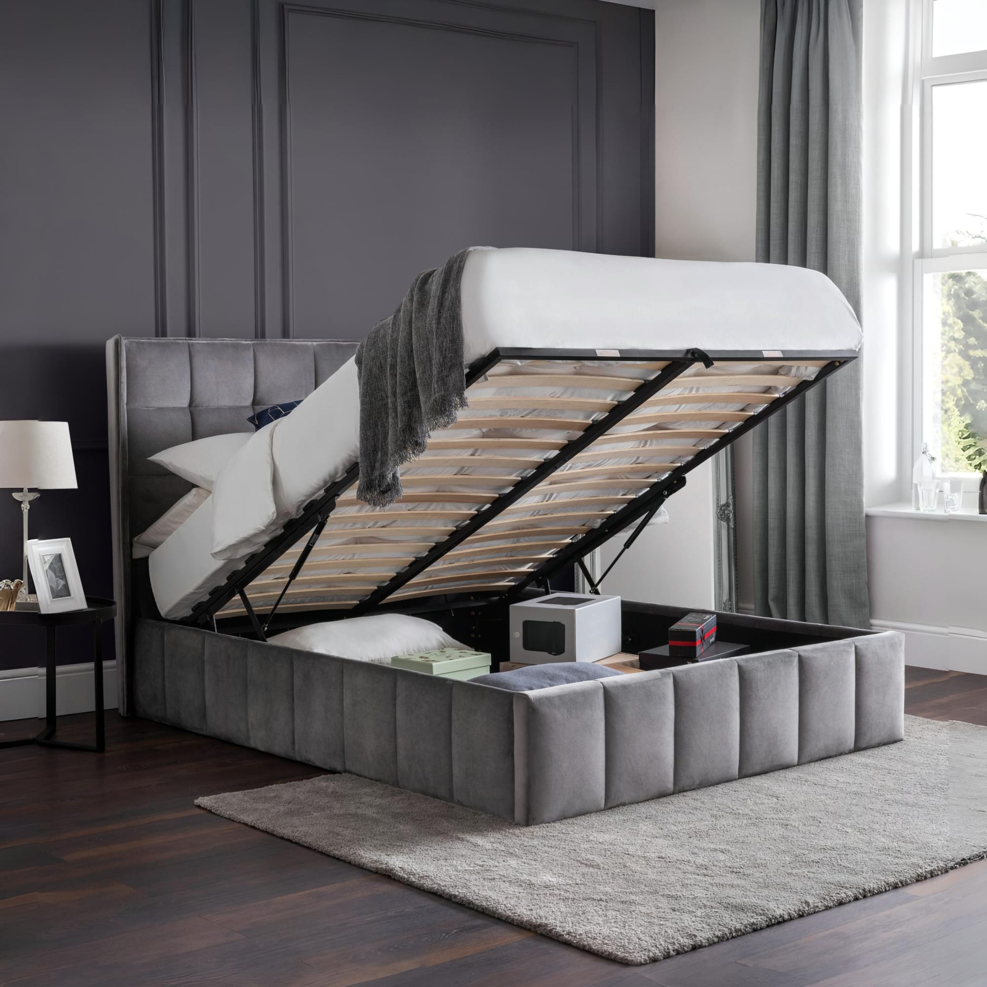 Gatsby Light Grey Ottoman Storage 135cm Double Bed
