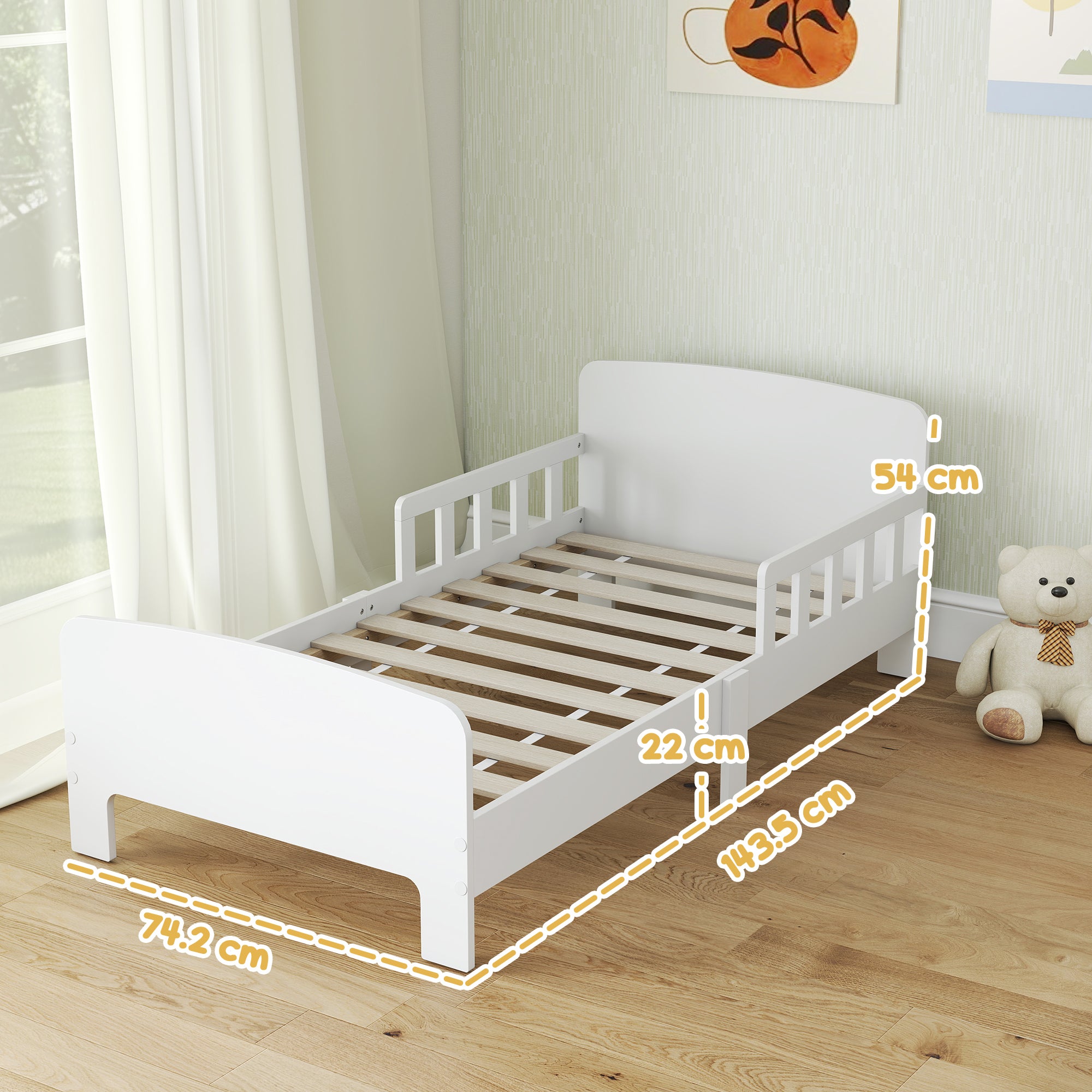 Low Kids White Bed Frame with Guard Rails