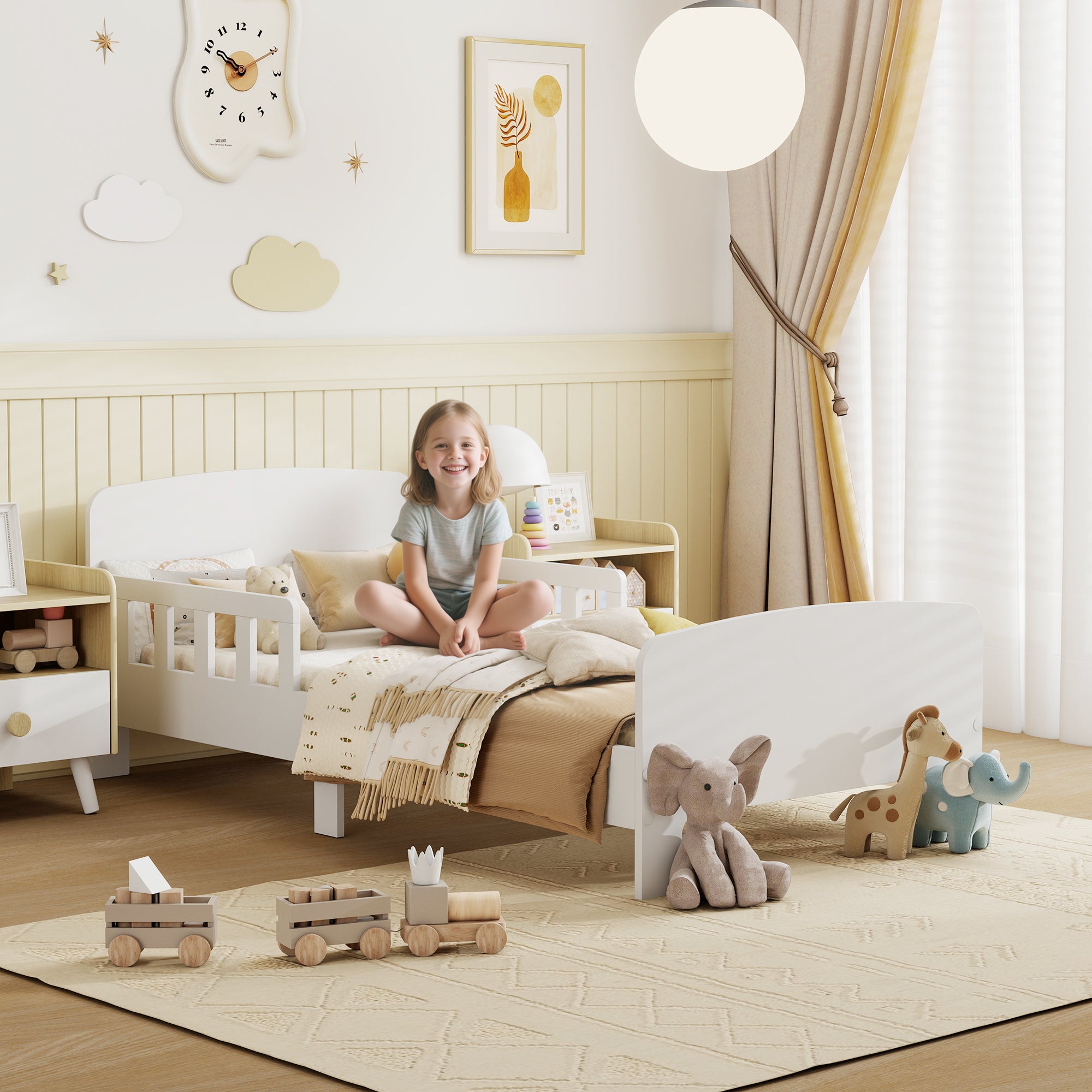 Low Kids White Bed Frame with Guard Rails