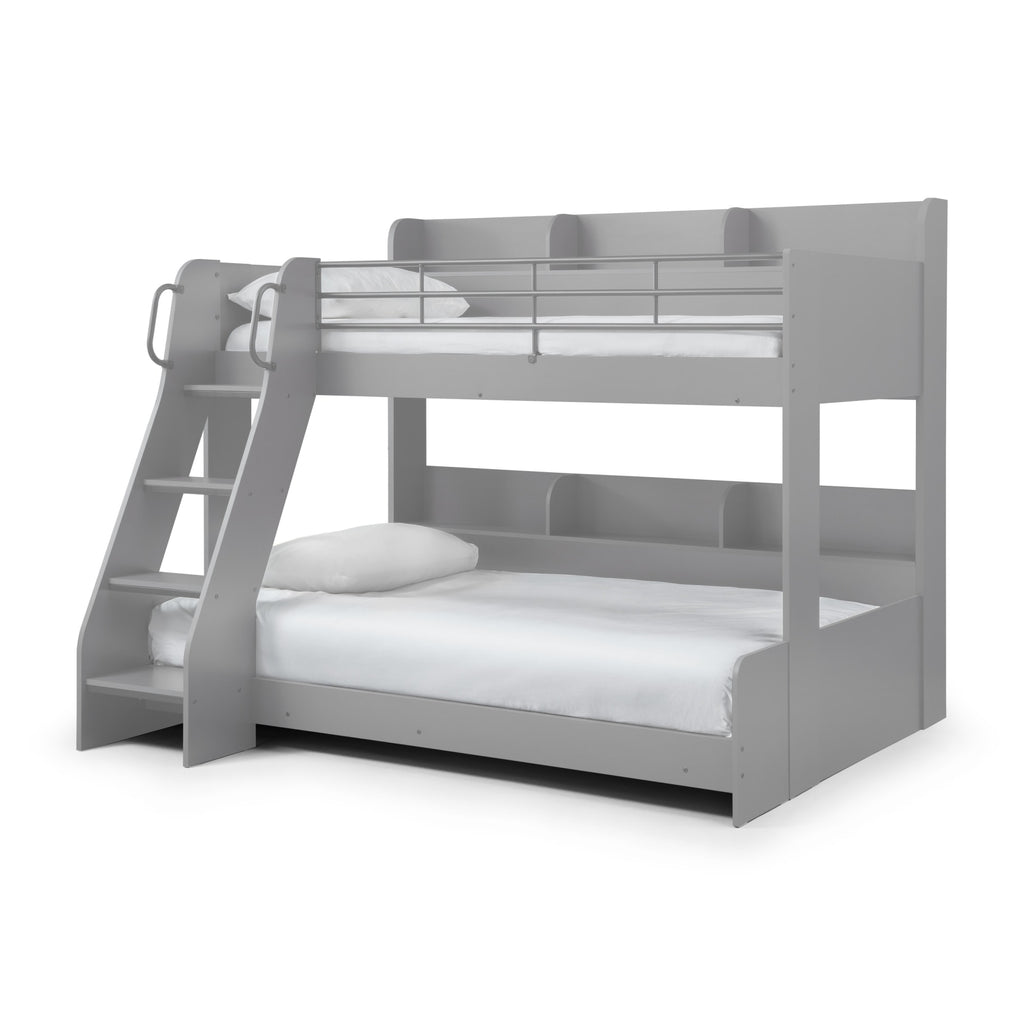 Gray bunk bed with white mattresses on a white background