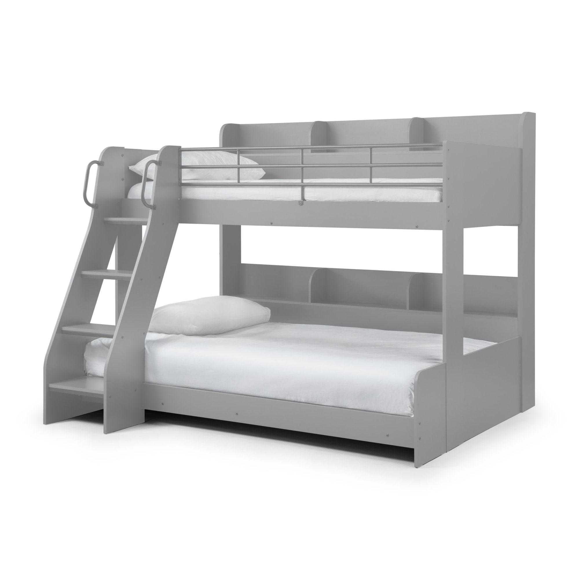 Gray bunk bed with white mattresses on a white background