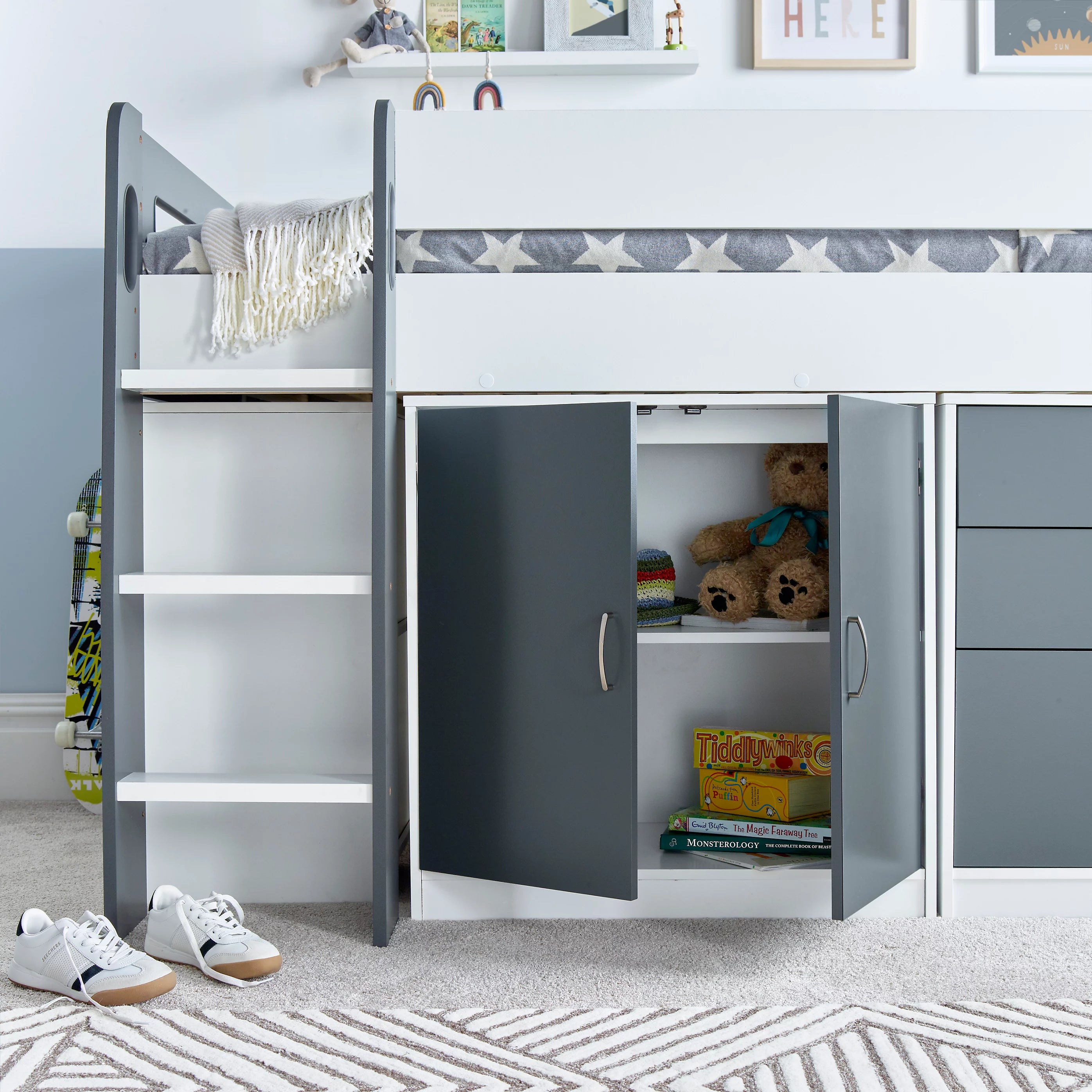 Grey & White Mid Sleeper Bed with Storage