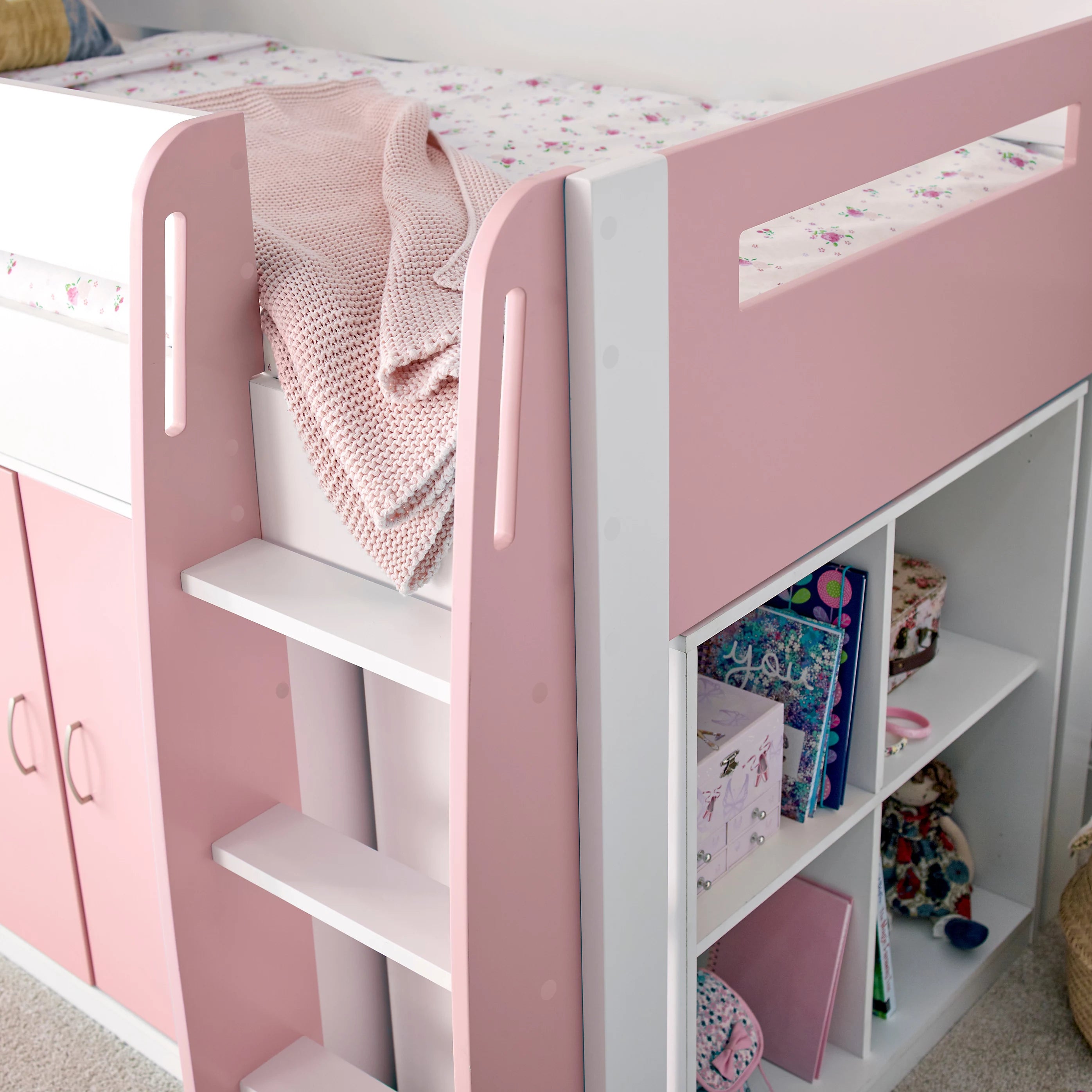 Lacy Pink Mid Sleeper Bed with Storage - 3ft Single