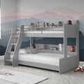 Gray bunk bed in a room with a mountain mural on the wall.