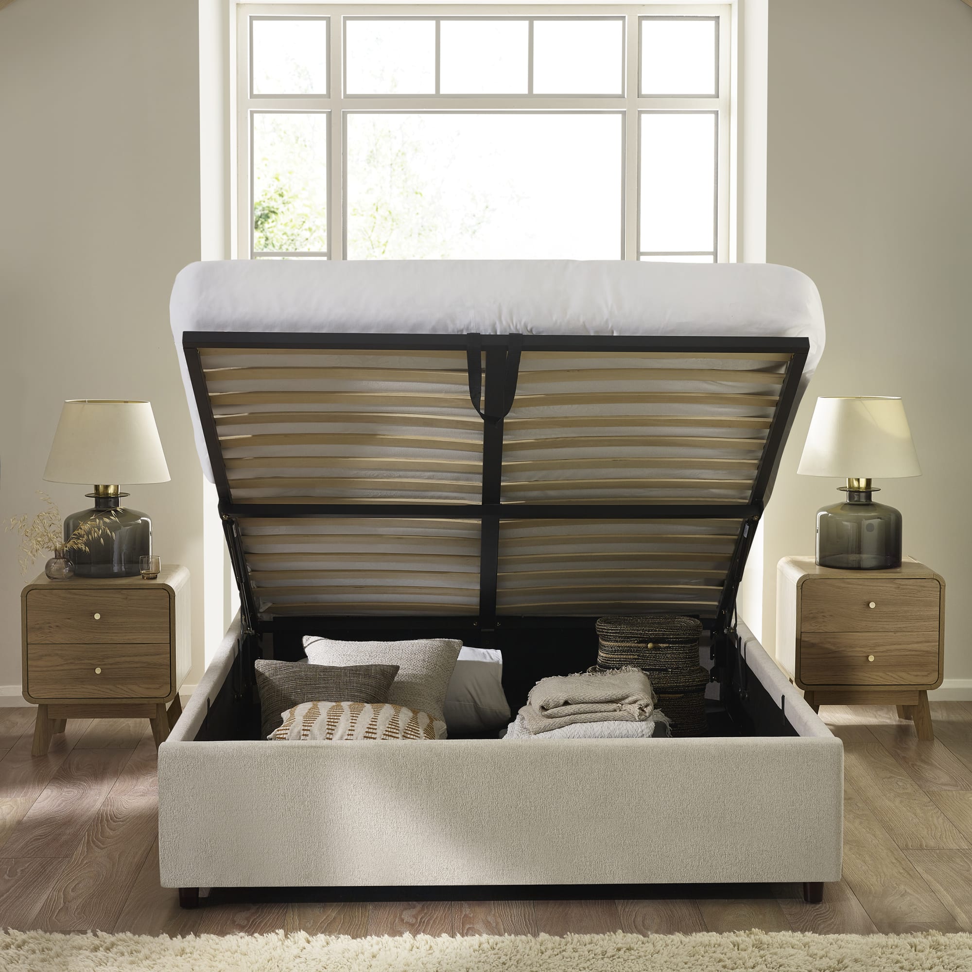 Maddock Beige Upholstered Ottoman Storage 135cm Double Bed