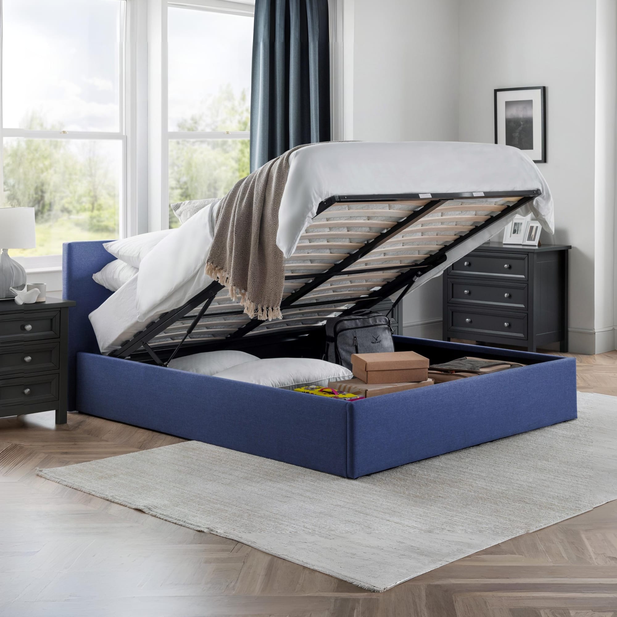 Rialto Ottoman Storage 135cm Double Bed  Dark Blue